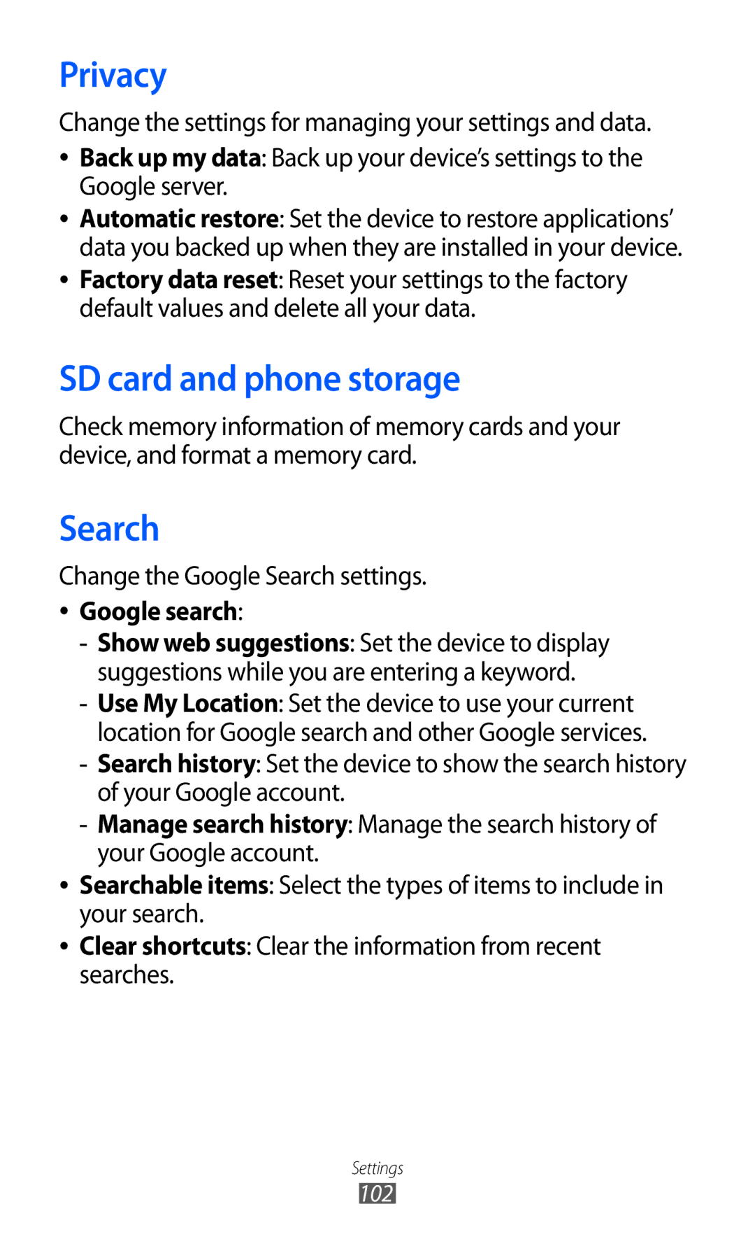 Samsung GT-B7510 user manual Privacy, SD card and phone storage, Search, Google search 