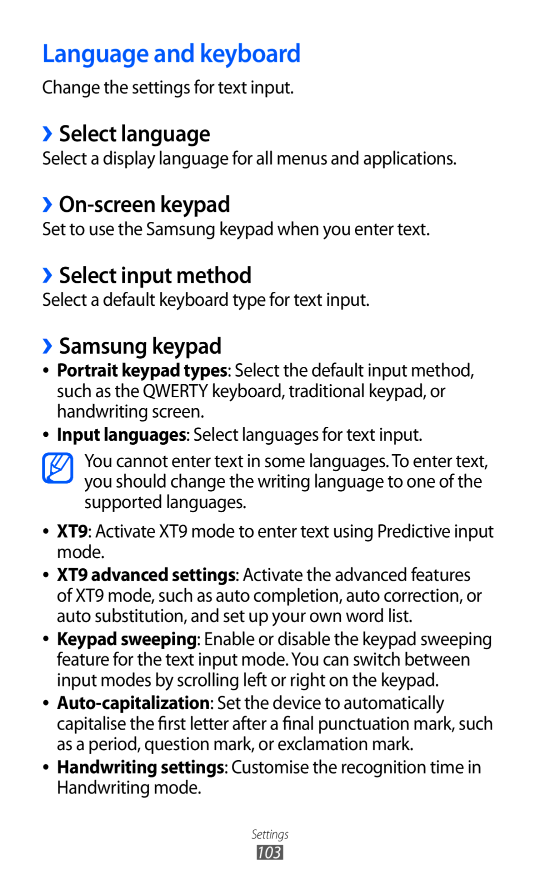 Samsung GT-B7510 Language and keyboard, ››Select language, ››On-screen keypad, ››Select input method, ››Samsung keypad 