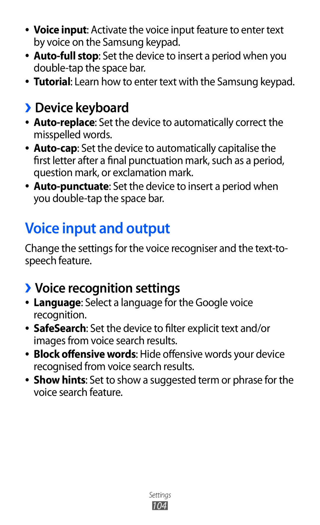 Samsung GT-B7510 user manual Voice input and output, ››Device keyboard, ››Voice recognition settings 