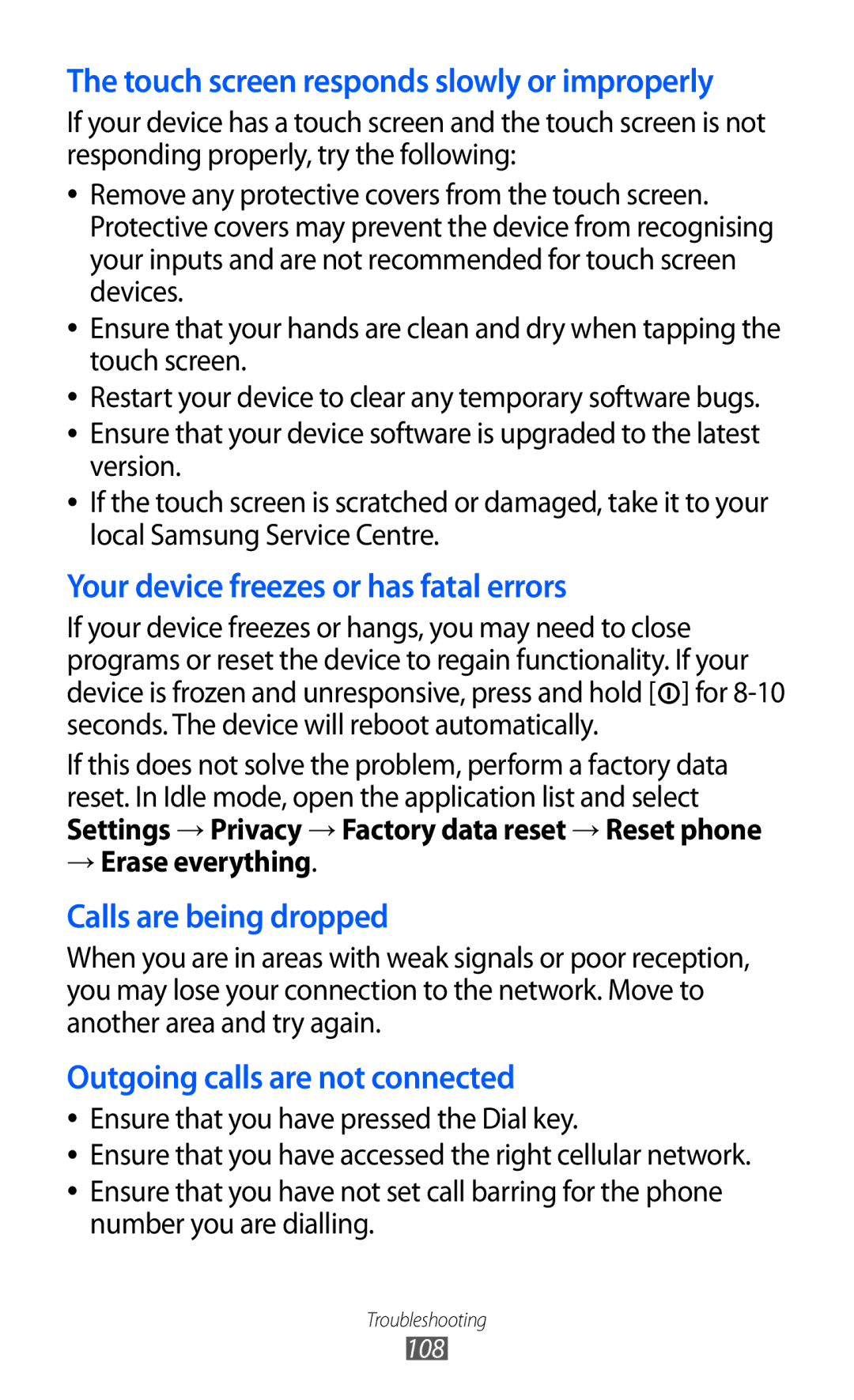 Samsung GT-B7510 user manual Touch screen responds slowly or improperly, → Erase everything 