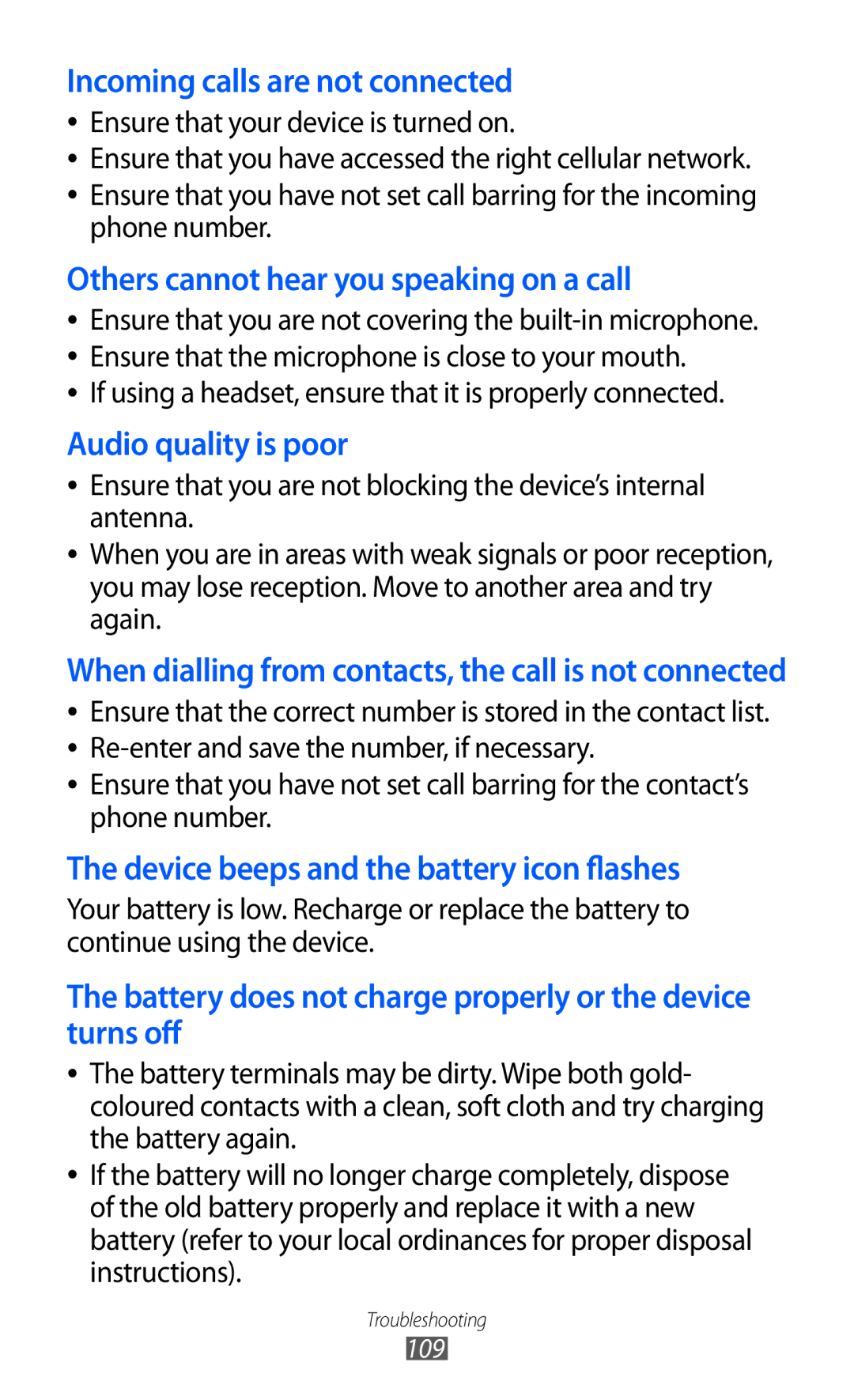 Samsung GT-B7510 user manual Device beeps and the battery icon flashes 