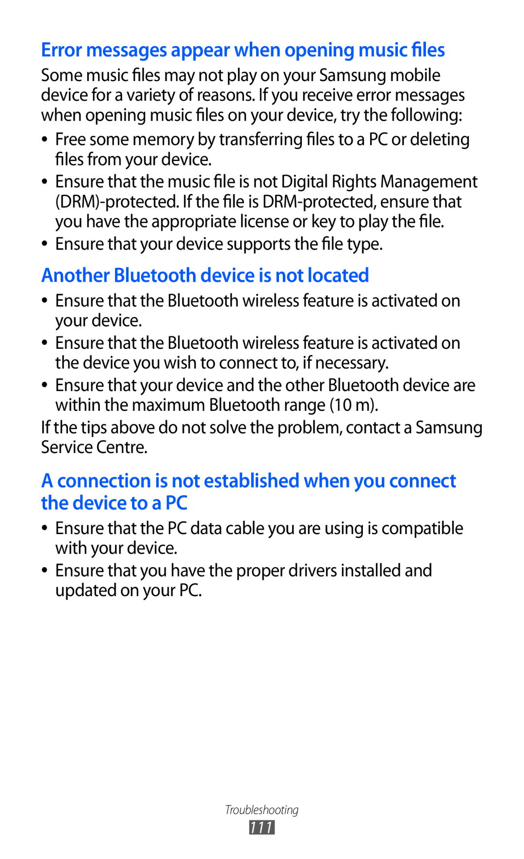 Samsung GT-B7510 user manual Another Bluetooth device is not located 