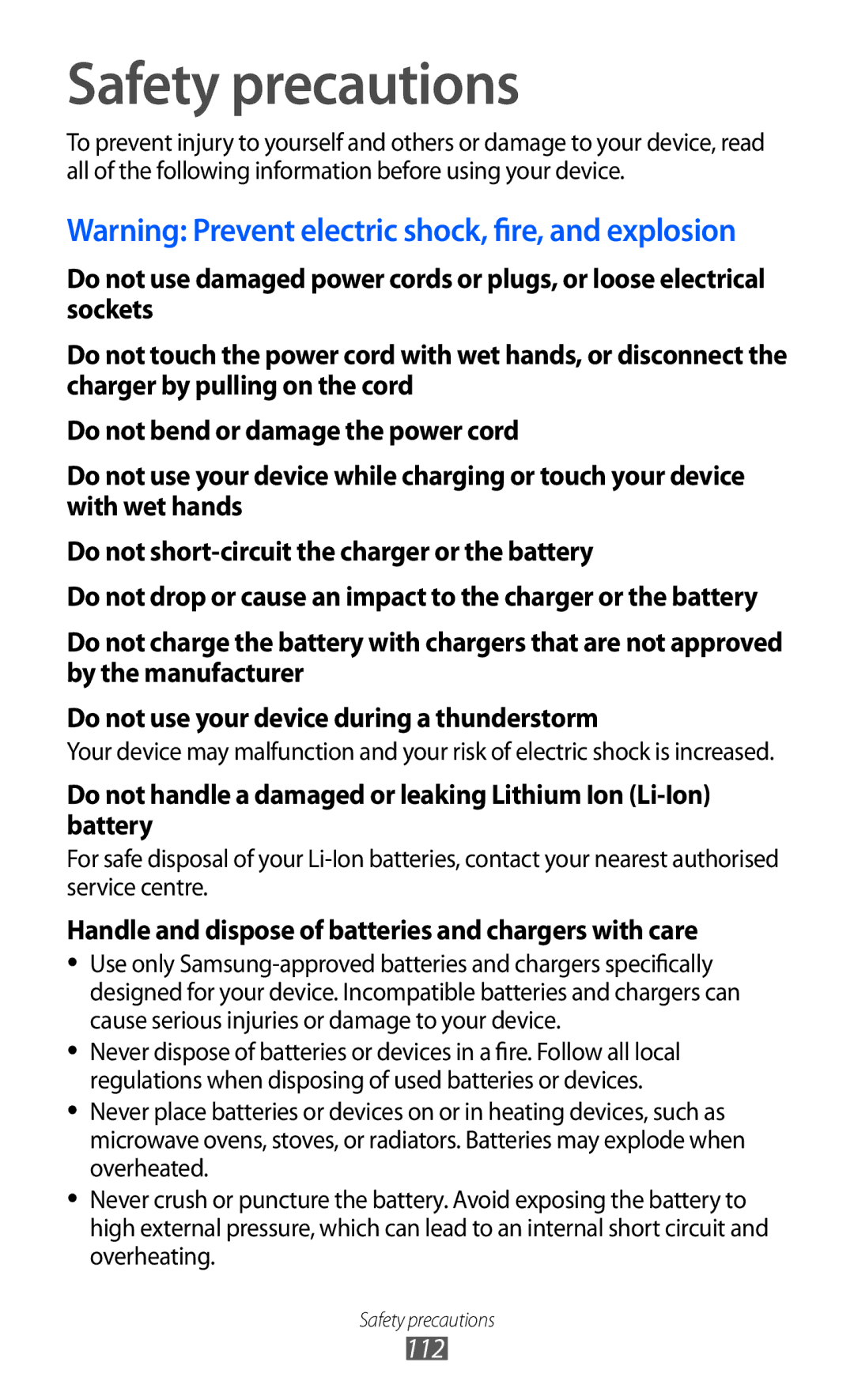 Samsung GT-B7510 user manual Safety precautions, Handle and dispose of batteries and chargers with care 