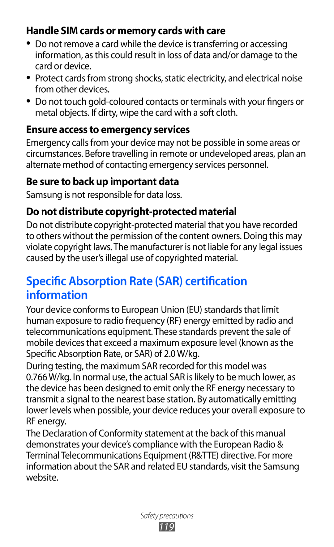 Samsung GT-B7510 user manual Specific Absorption Rate SAR certification information 