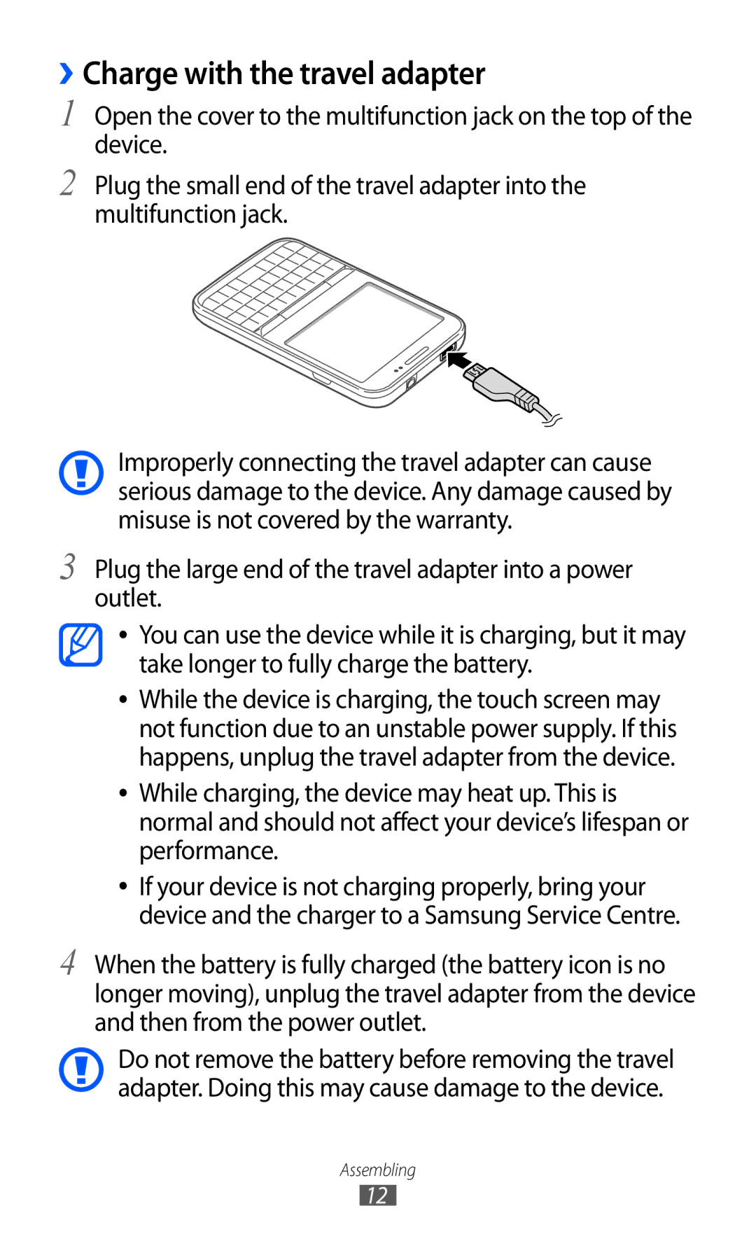 Samsung GT-B7510 user manual ››Charge with the travel adapter 