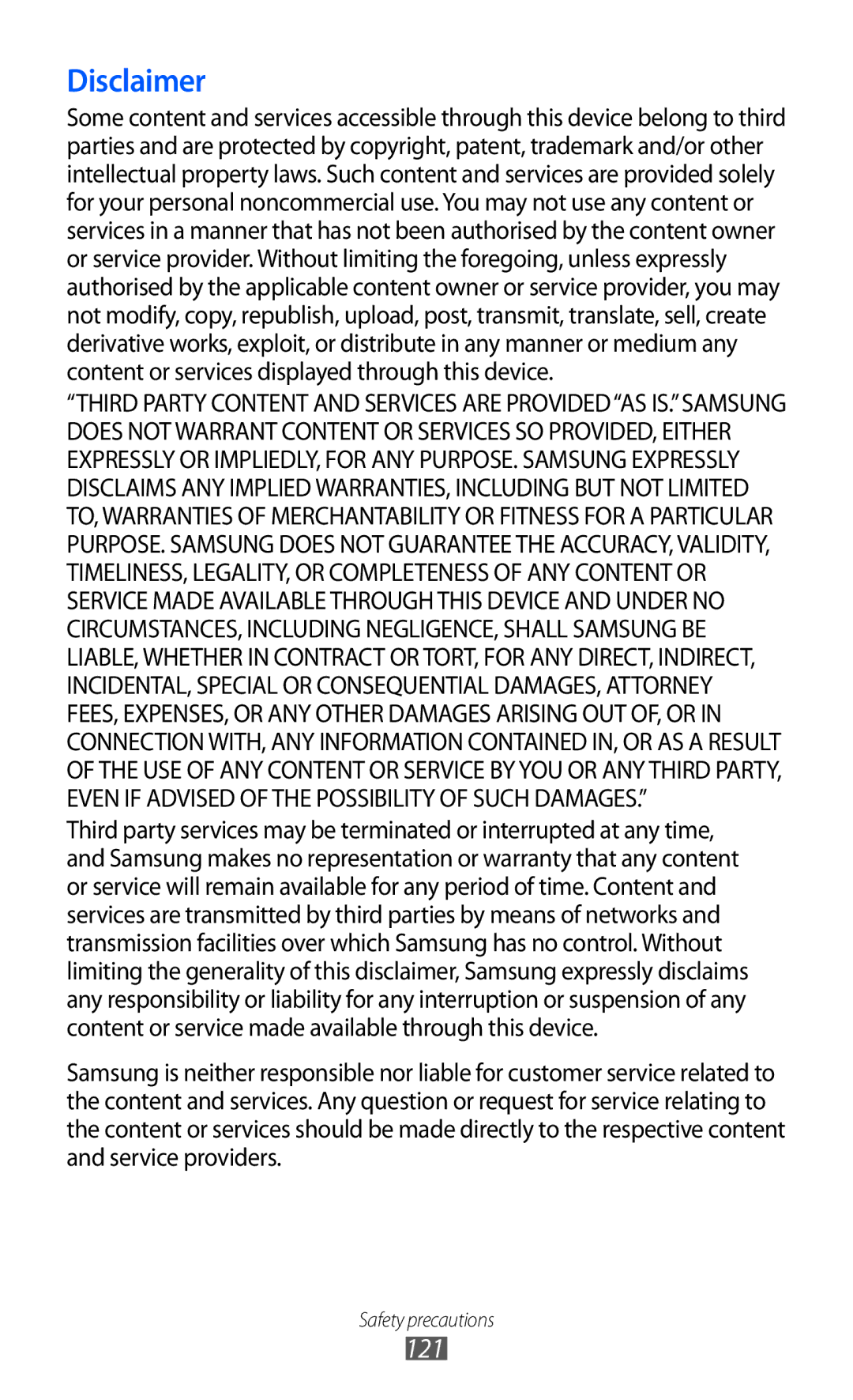 Samsung GT-B7510 user manual Disclaimer 