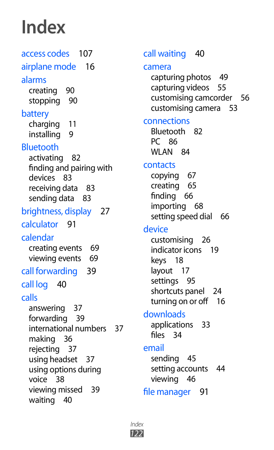 Samsung GT-B7510 user manual Index, Battery 