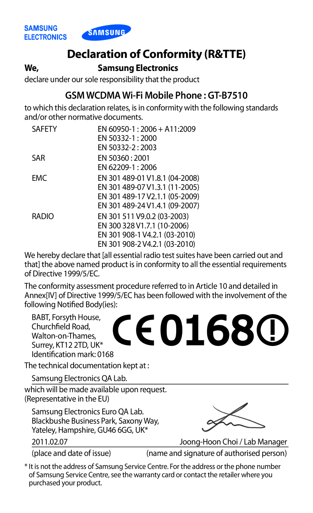 Samsung user manual Declaration of Conformity R&TTE, GSM Wcdma Wi-Fi Mobile Phone GT-B7510 