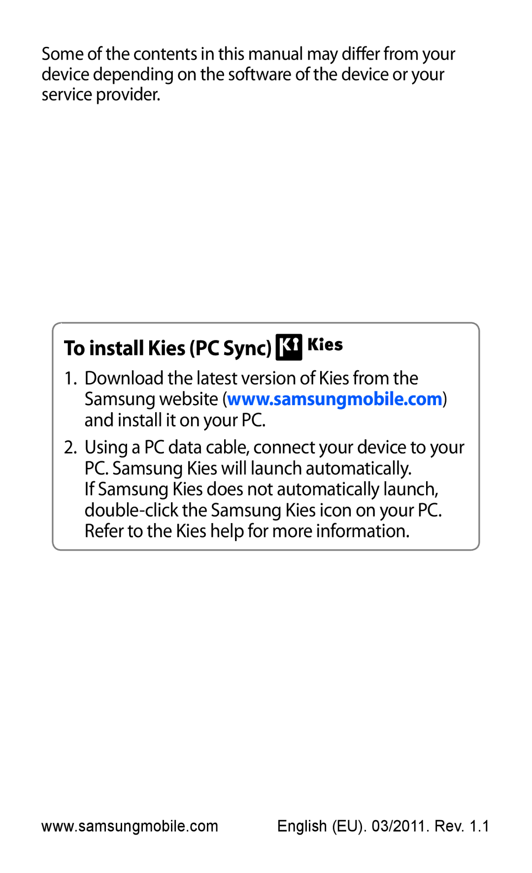 Samsung GT-B7510 user manual To install Kies PC Sync 