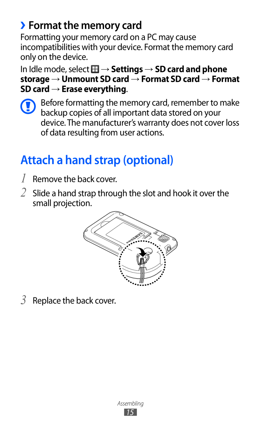 Samsung GT-B7510 user manual Attach a hand strap optional, ››Format the memory card 