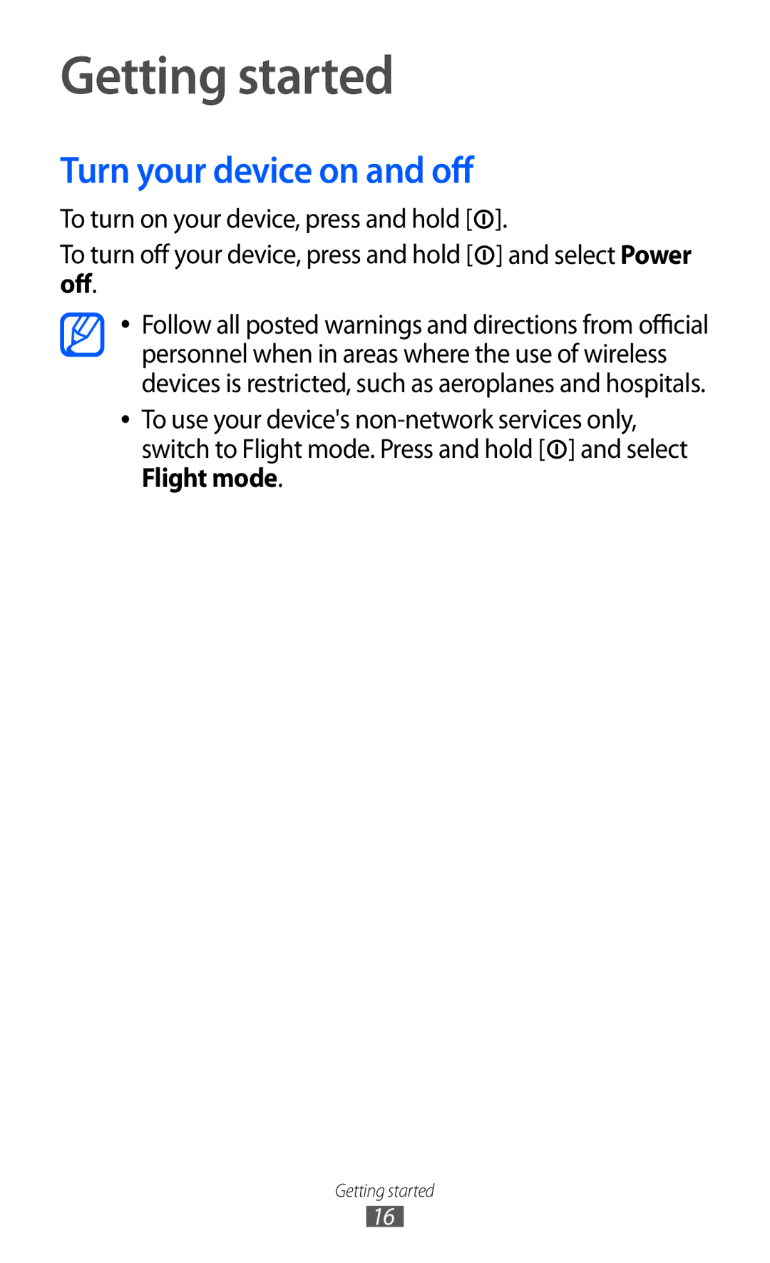 Samsung GT-B7510 user manual Getting started, Turn your device on and off 