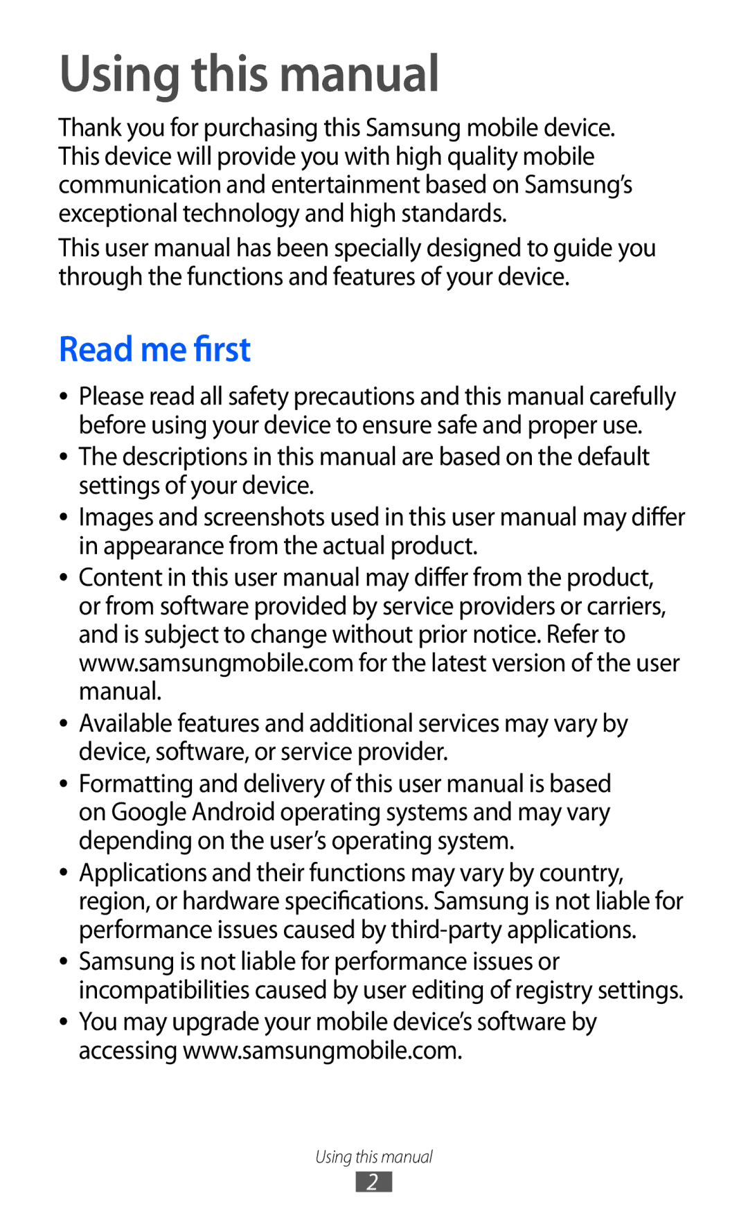 Samsung GT-B7510 user manual Using this manual, Read me first 