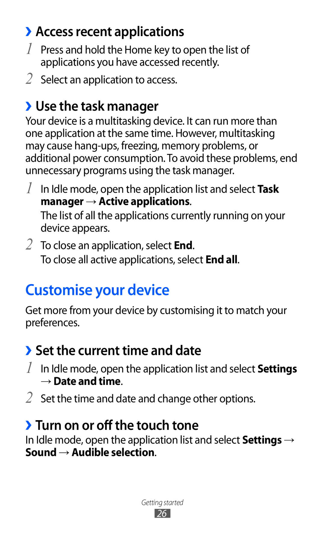 Samsung GT-B7510 user manual Customise your device, ››Access recent applications, ››Use the task manager 