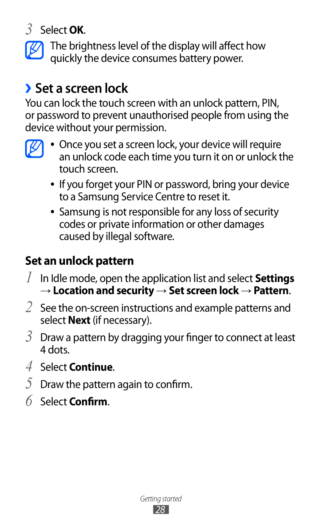 Samsung GT-B7510 user manual ››Set a screen lock, → Location and security → Set screen lock → Pattern 