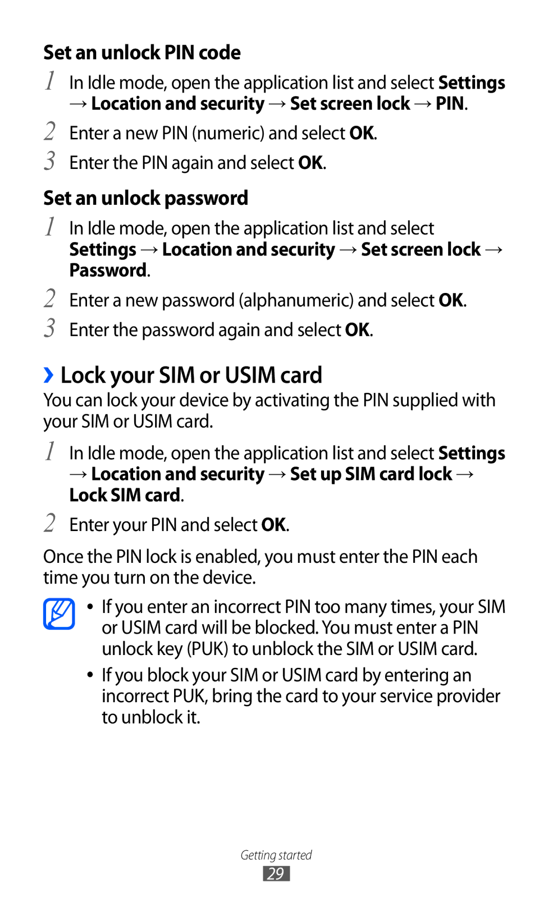 Samsung GT-B7510 user manual ››Lock your SIM or Usim card, → Location and security → Set screen lock → PIN 