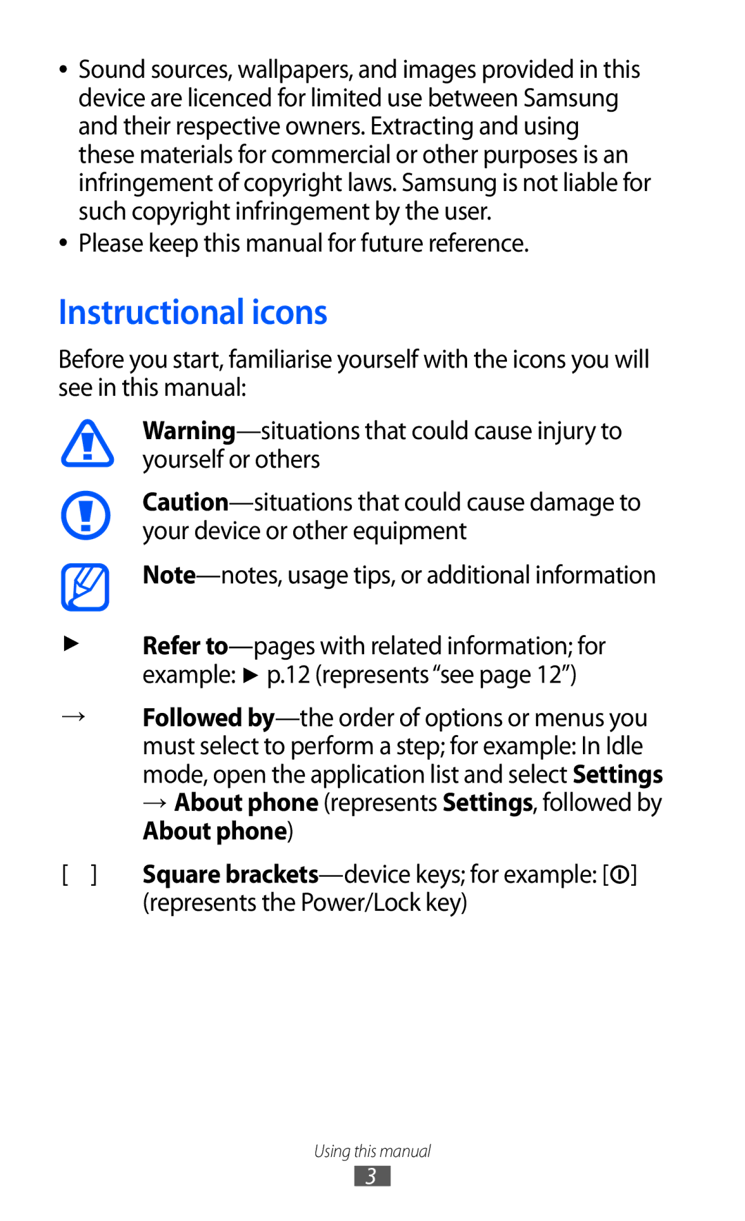 Samsung GT-B7510 user manual Instructional icons, Represents the Power/Lock key 