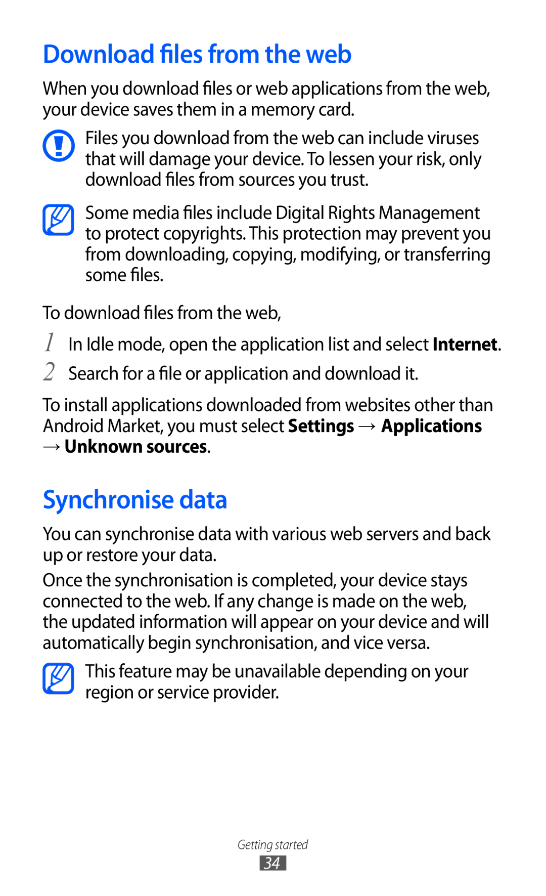 Samsung GT-B7510 user manual Download files from the web, Synchronise data, → Unknown sources 