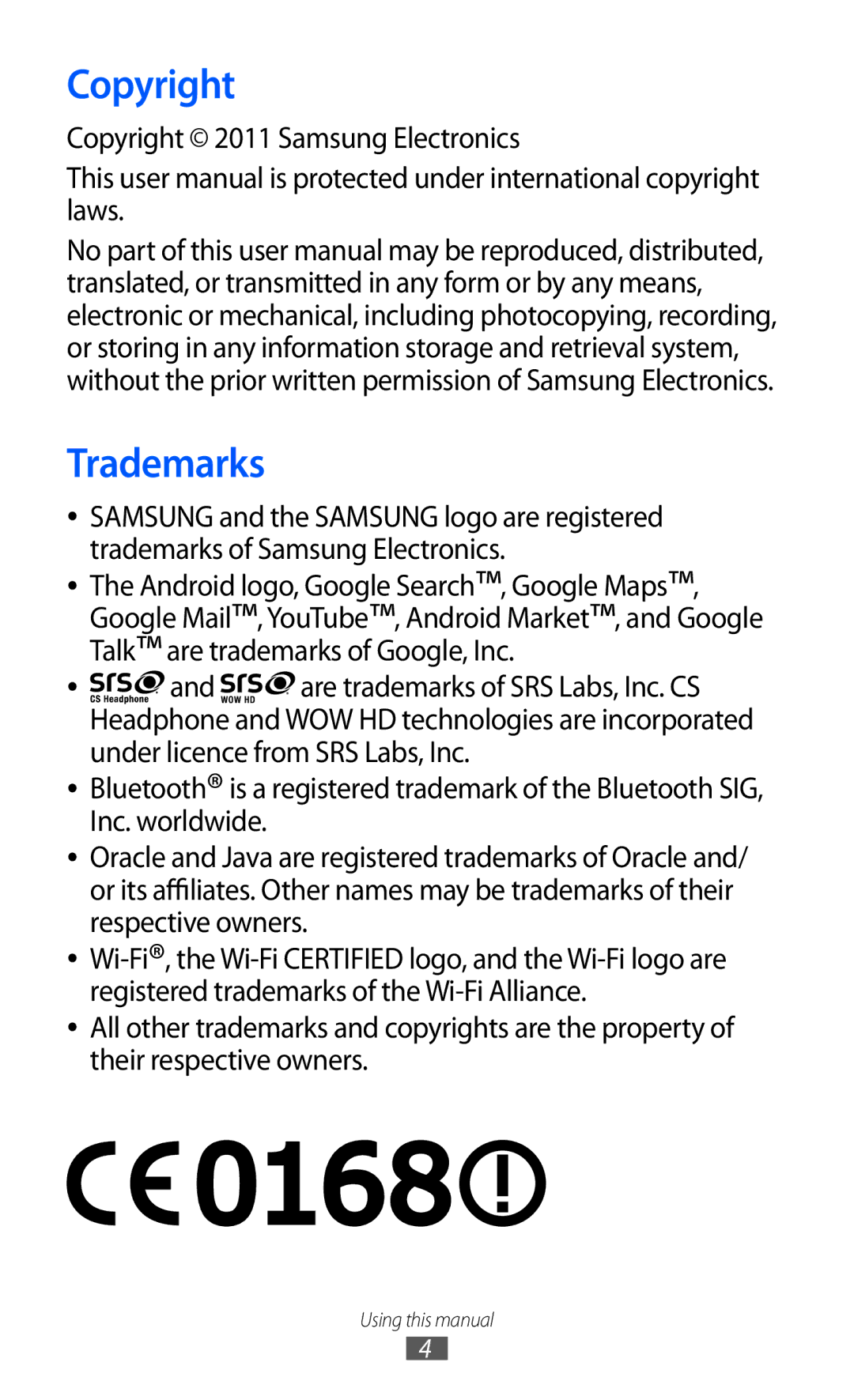 Samsung GT-B7510 user manual Copyright, Trademarks 