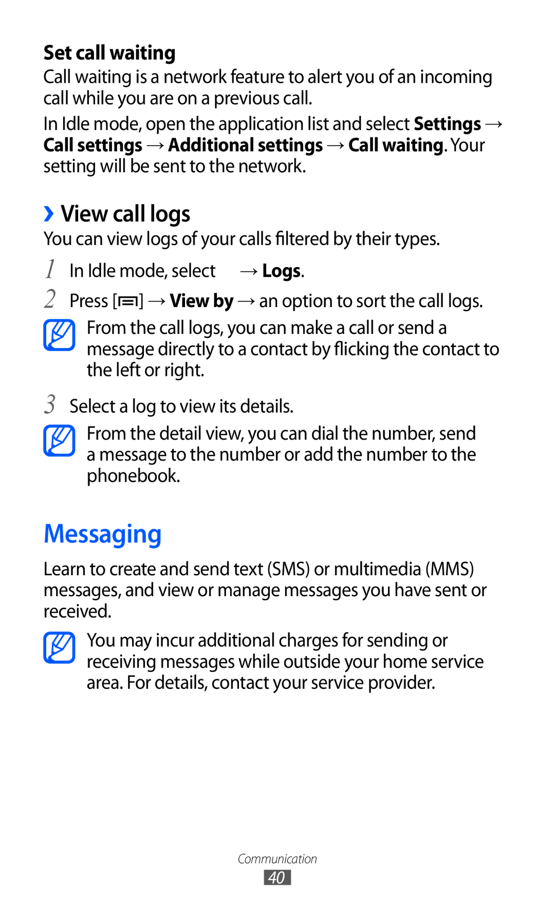 Samsung GT-B7510 user manual Messaging, ››View call logs 