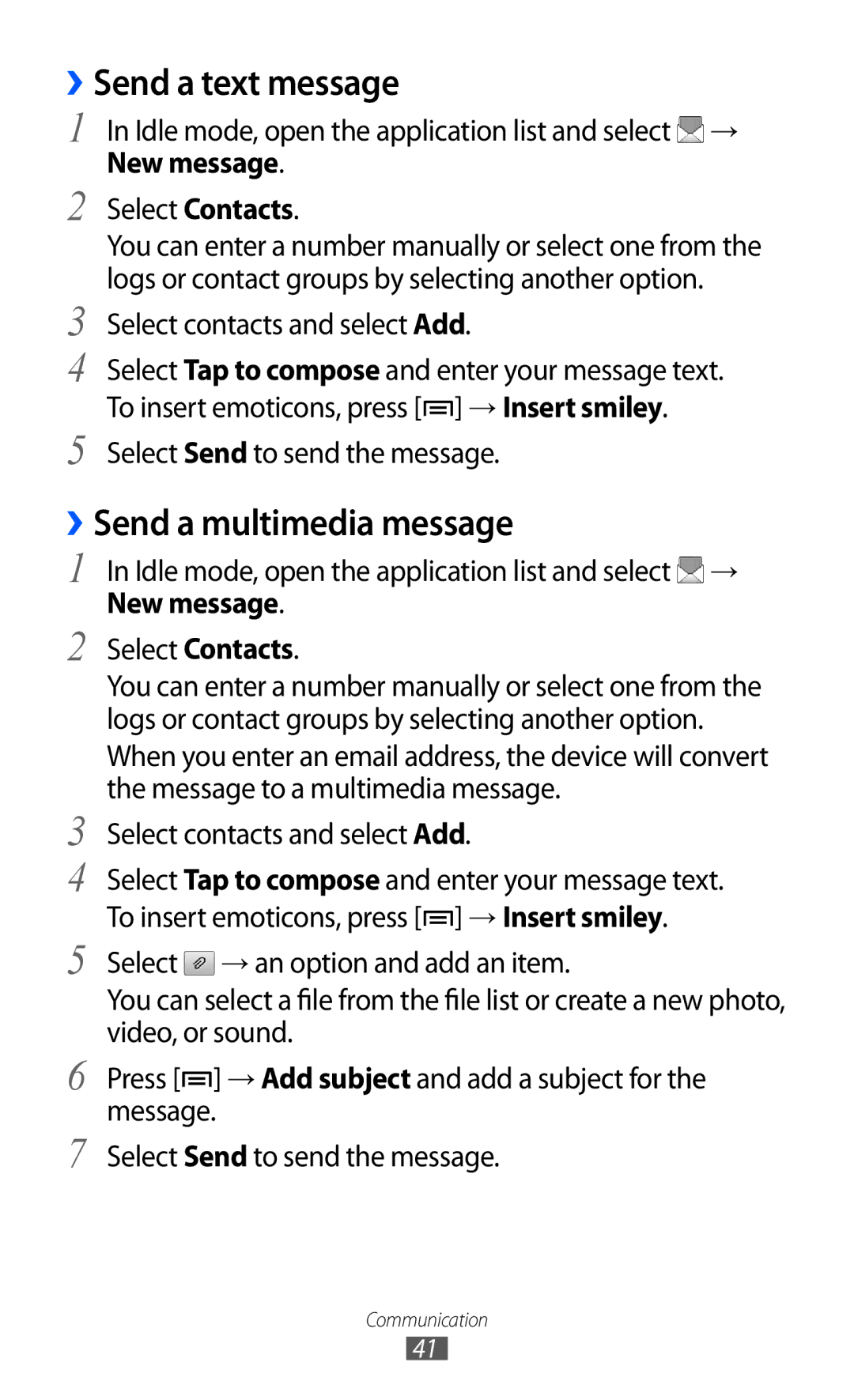 Samsung GT-B7510 user manual Send a multimedia message, New message, → Insert smiley 