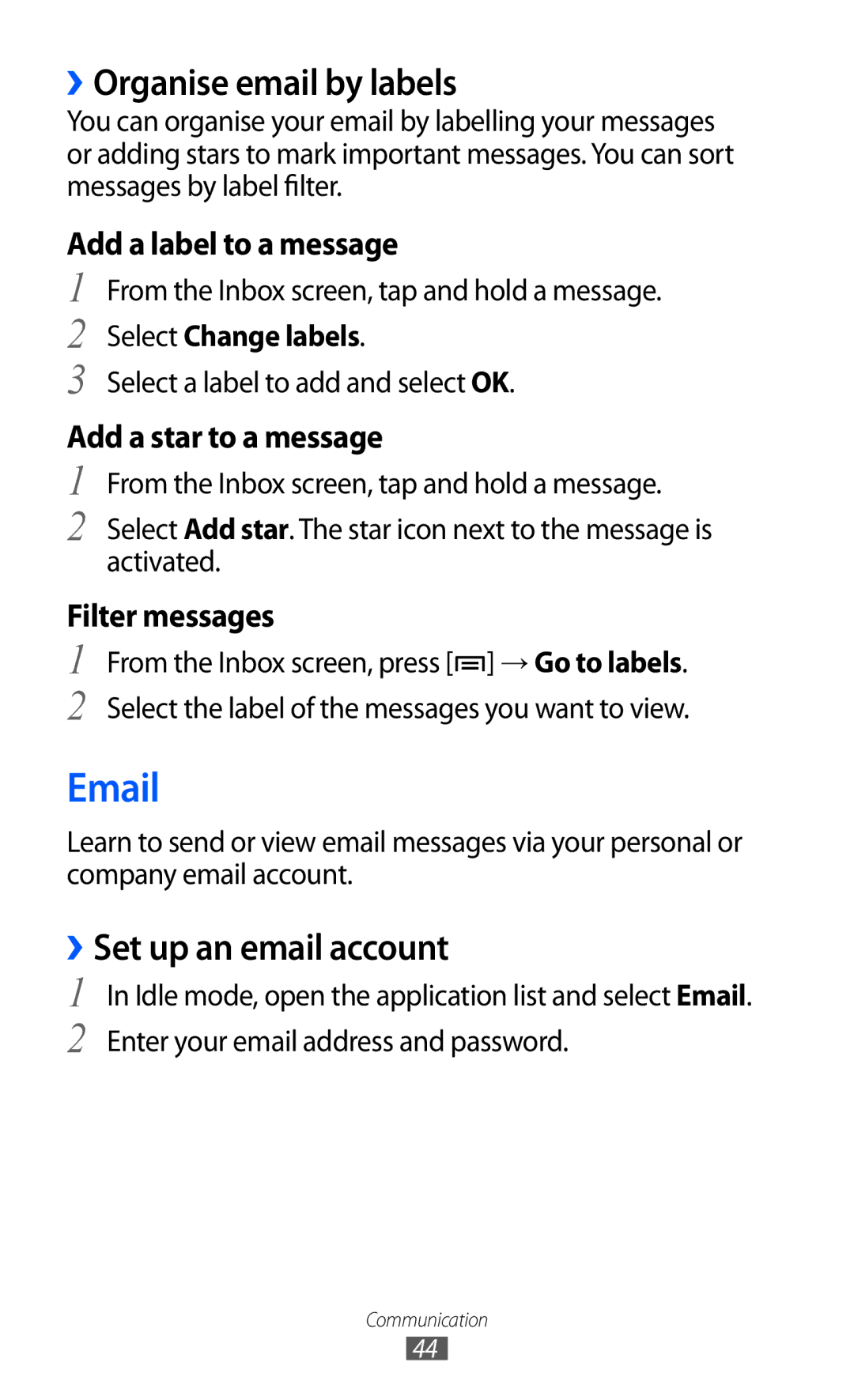 Samsung GT-B7510 user manual ››Organise email by labels, ››Set up an email account, Select Change labels 