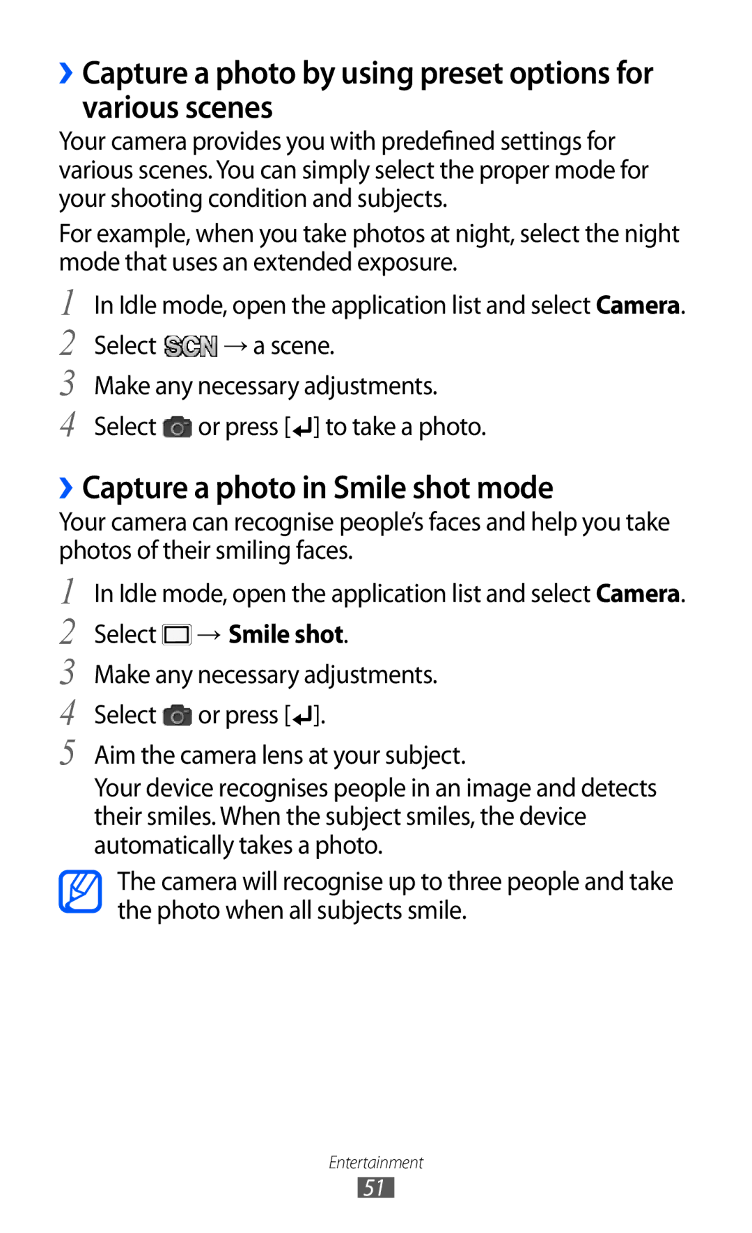 Samsung GT-B7510 user manual ››Capture a photo in Smile shot mode, Select → Smile shot 