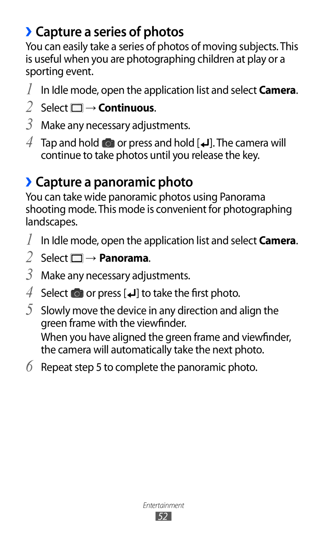 Samsung GT-B7510 user manual ››Capture a series of photos, ››Capture a panoramic photo, Select → Continuous 