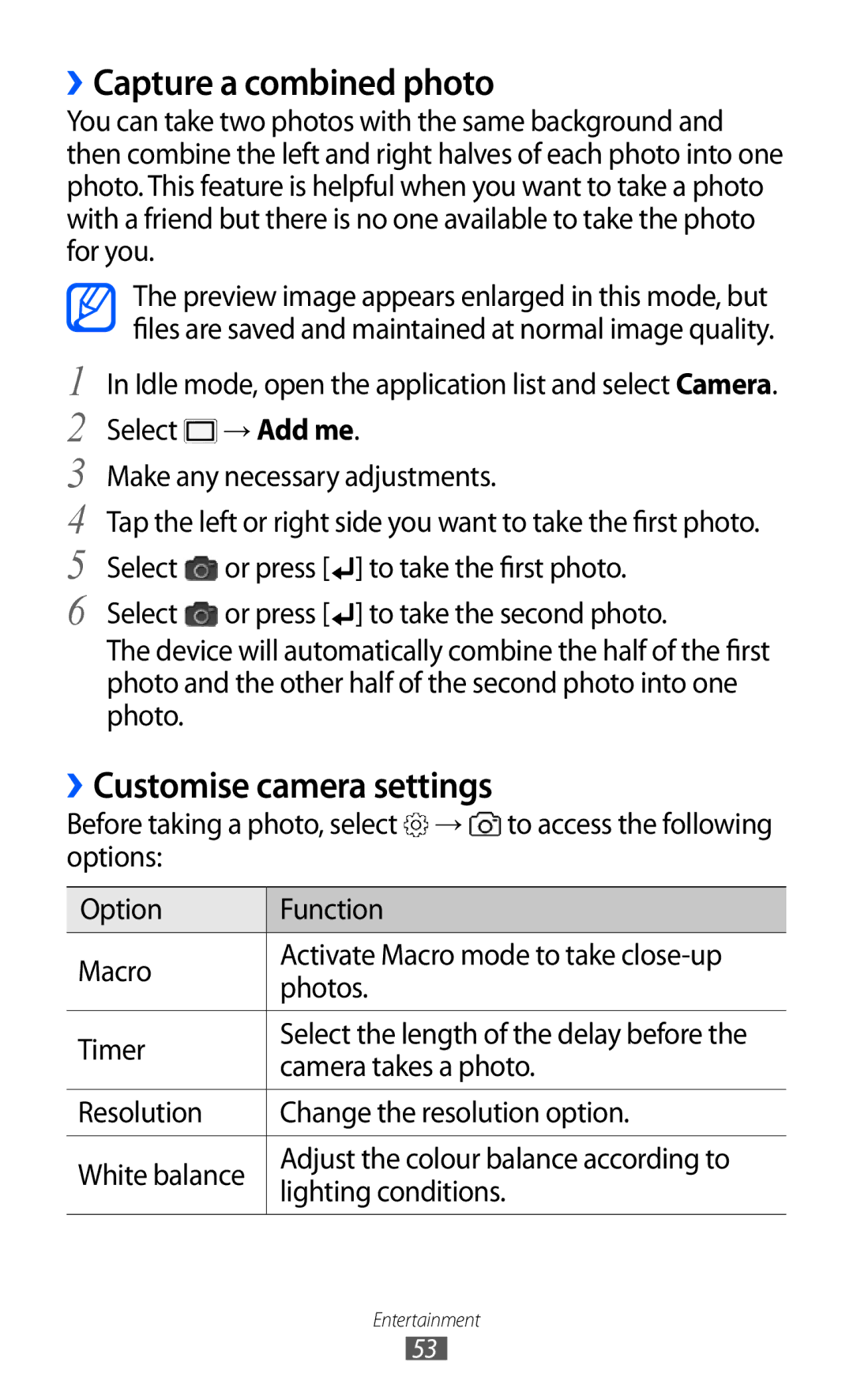 Samsung GT-B7510 user manual ››Capture a combined photo, ››Customise camera settings 