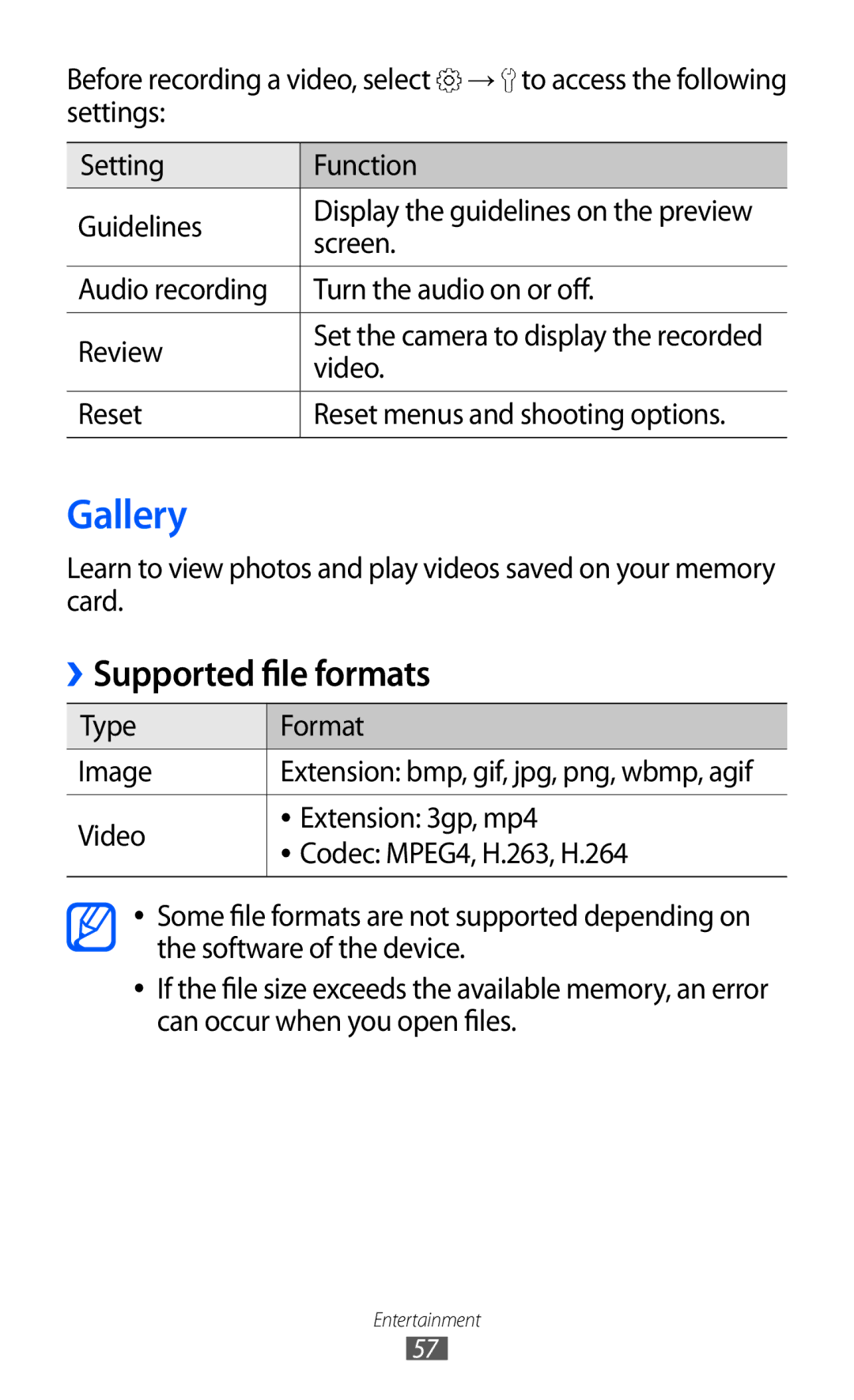 Samsung GT-B7510 user manual Gallery, Supported file formats 