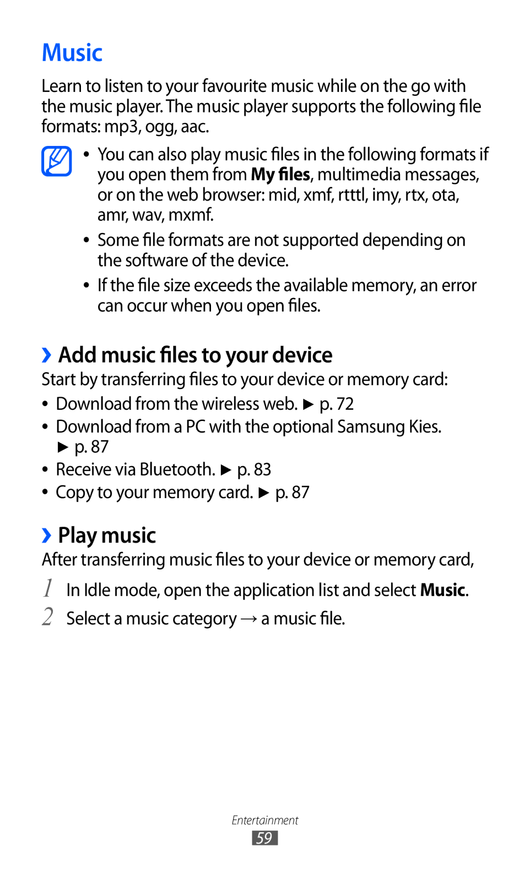 Samsung GT-B7510 user manual Music, ››Add music files to your device, ››Play music 