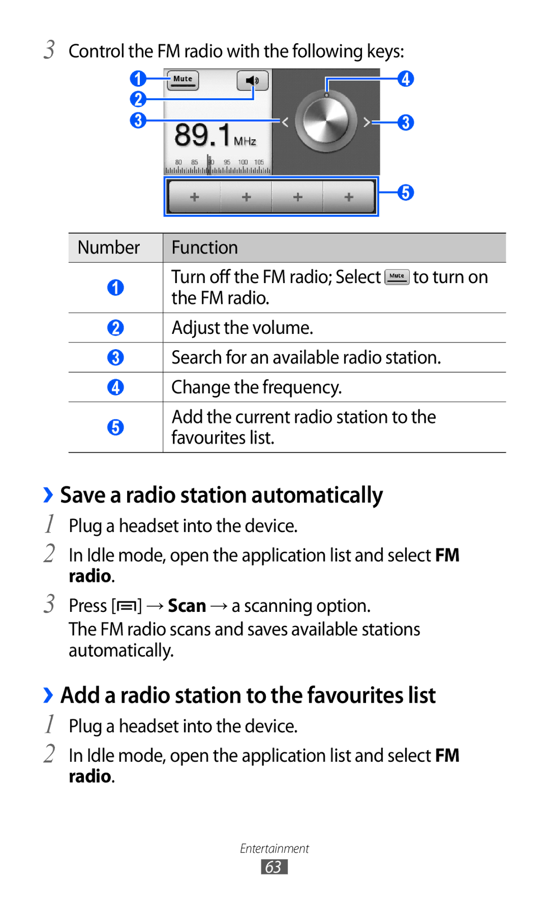 Samsung GT-B7510 user manual ››Save a radio station automatically, ››Add a radio station to the favourites list, Radio 