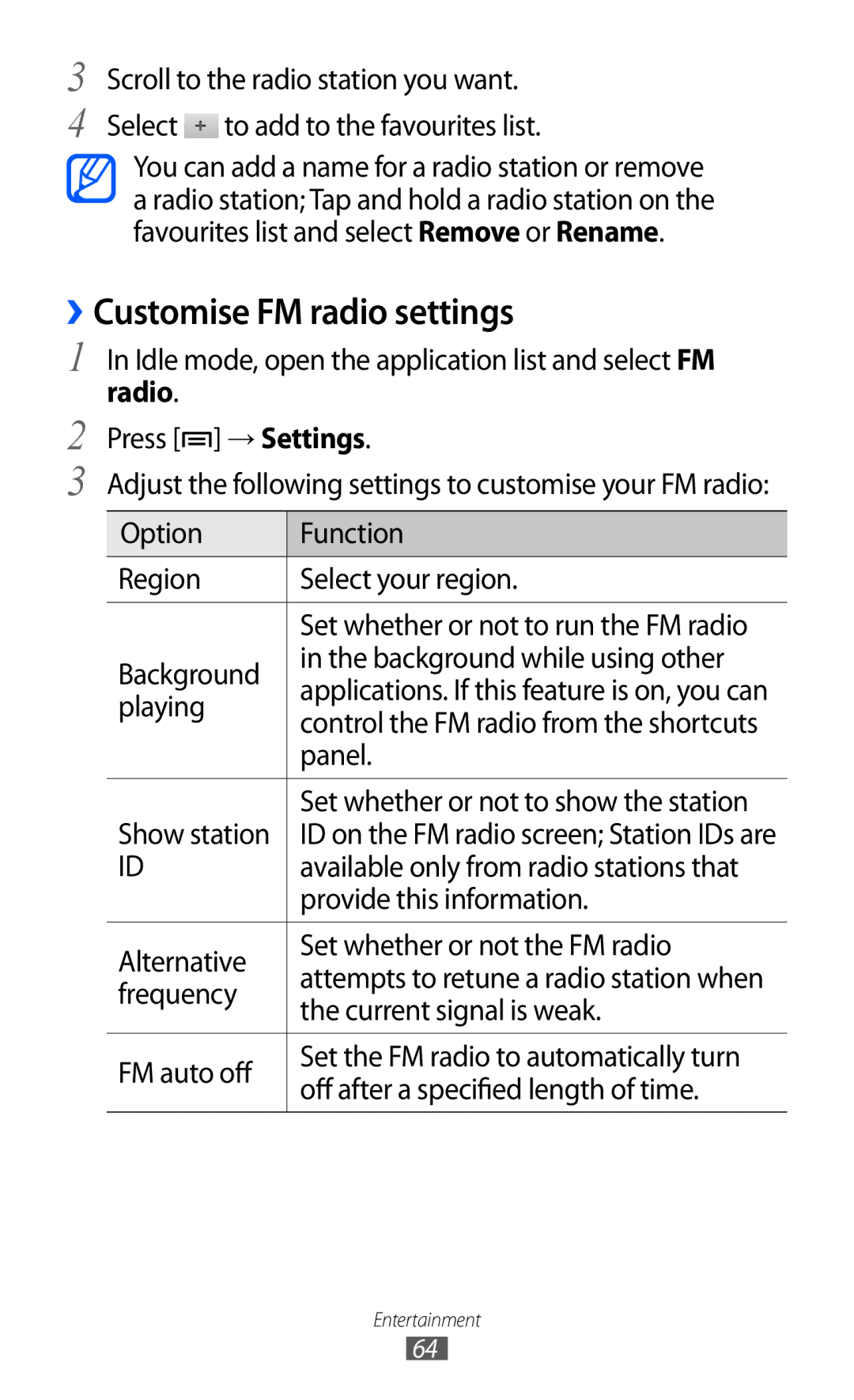 Samsung GT-B7510 user manual ››Customise FM radio settings 