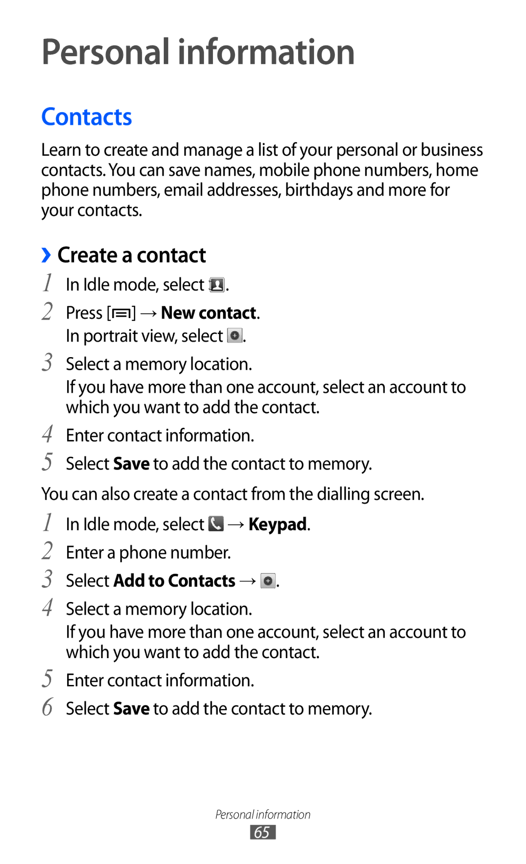 Samsung GT-B7510 user manual Personal information, ››Create a contact, Press → New contact, Select Add to Contacts → 