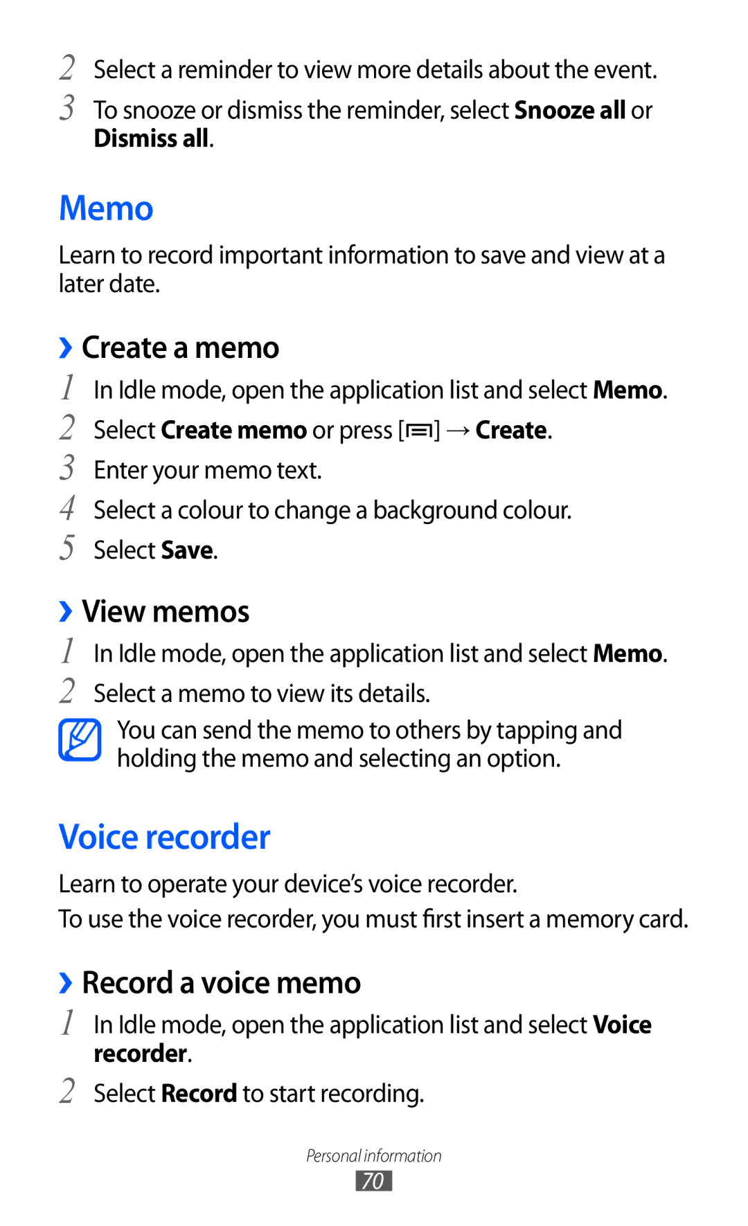 Samsung GT-B7510 user manual Memo, Voice recorder, ››Create a memo, ››View memos, ››Record a voice memo 