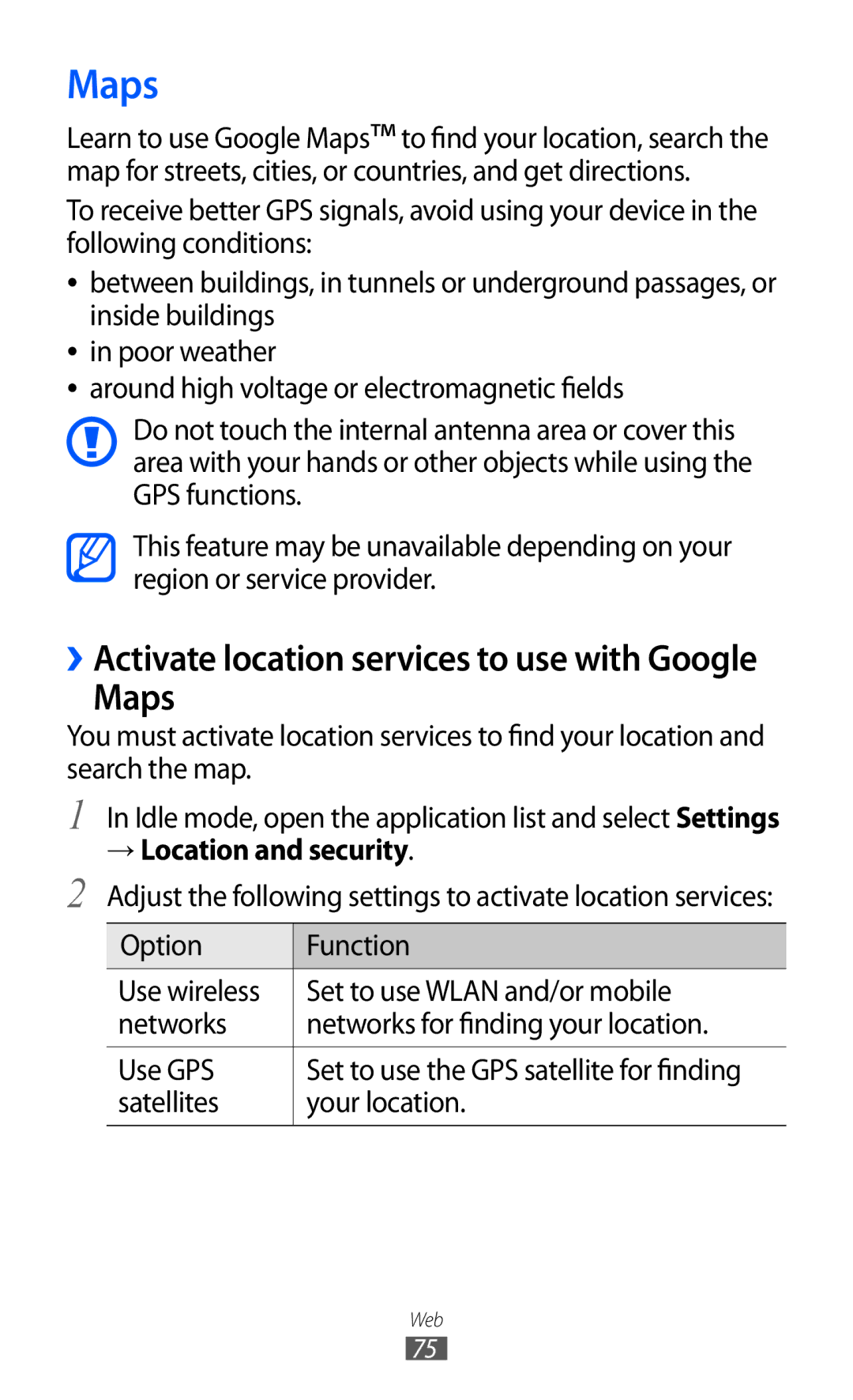 Samsung GT-B7510 user manual Maps, → Location and security 