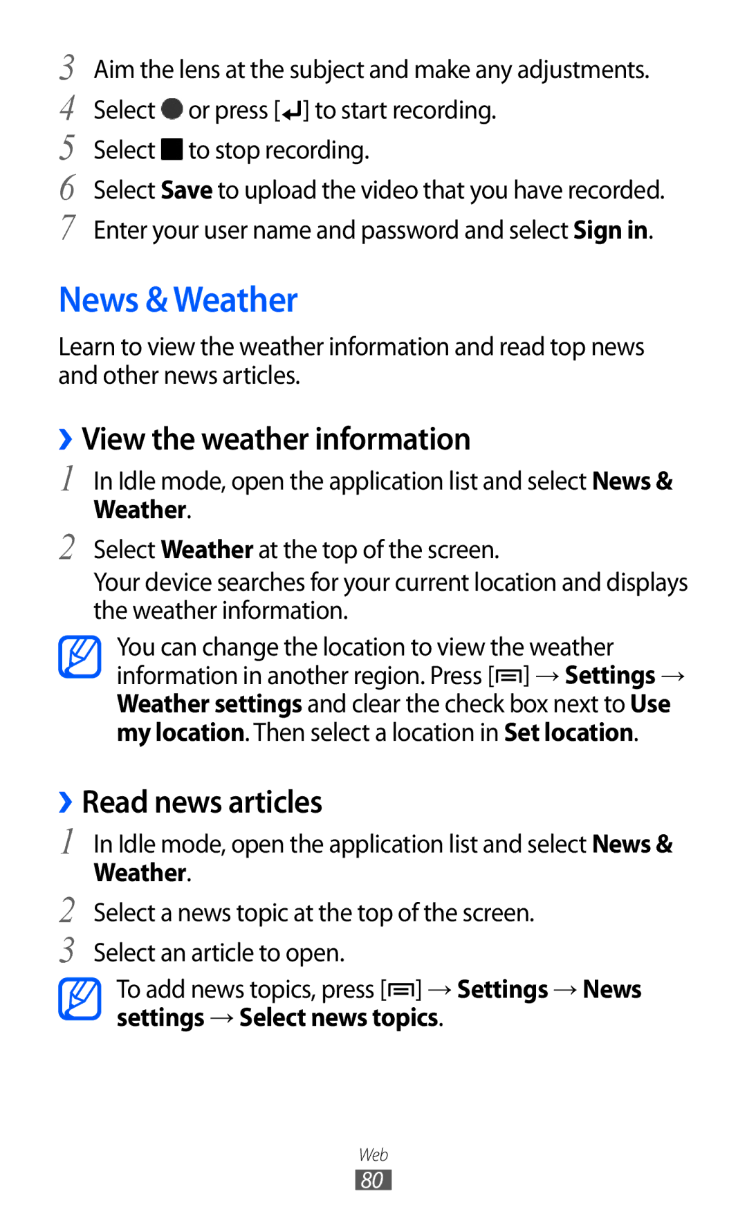 Samsung GT-B7510 user manual News & Weather, ››View the weather information, ››Read news articles 