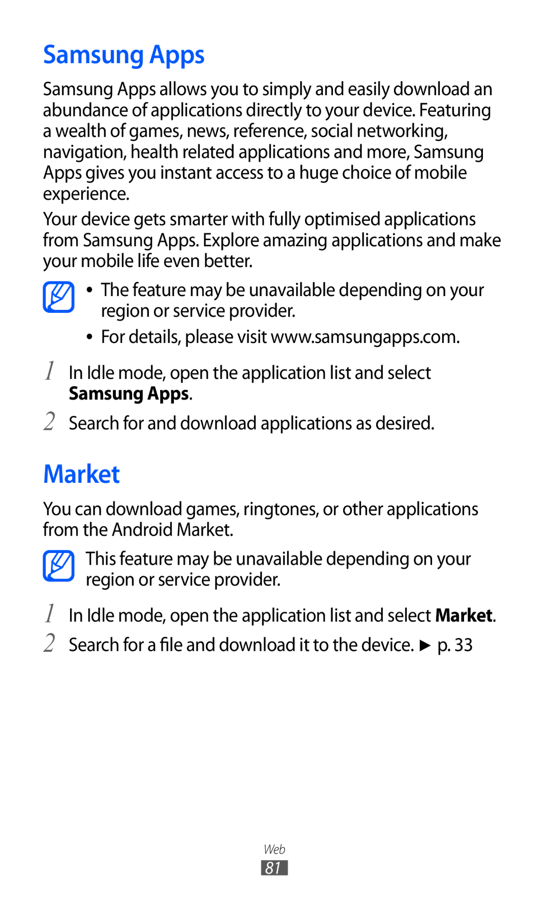 Samsung GT-B7510 user manual Samsung Apps, Market 