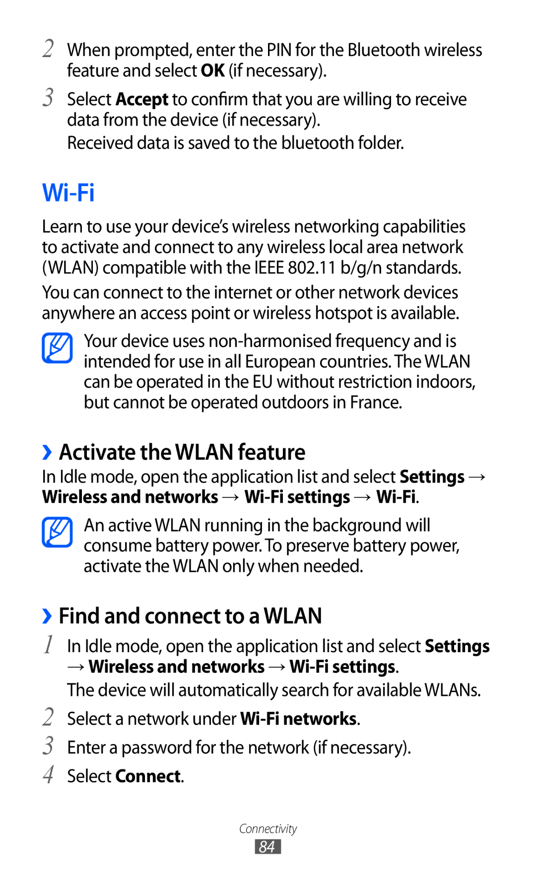 Samsung GT-B7510 user manual Wi-Fi, ››Activate the Wlan feature, ››Find and connect to a Wlan 