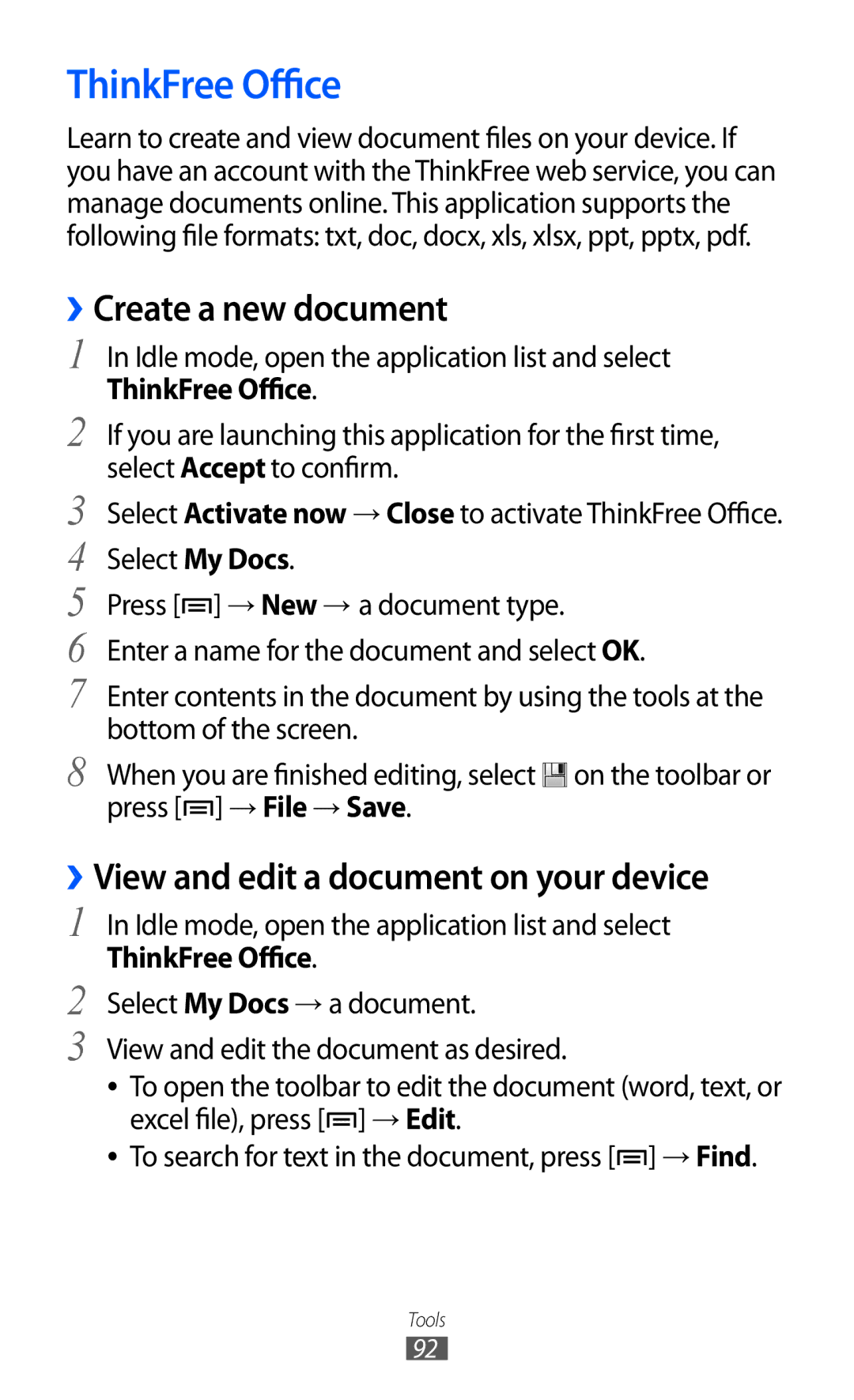 Samsung GT-B7510 user manual ThinkFree Office, ››Create a new document, ››View and edit a document on your device 