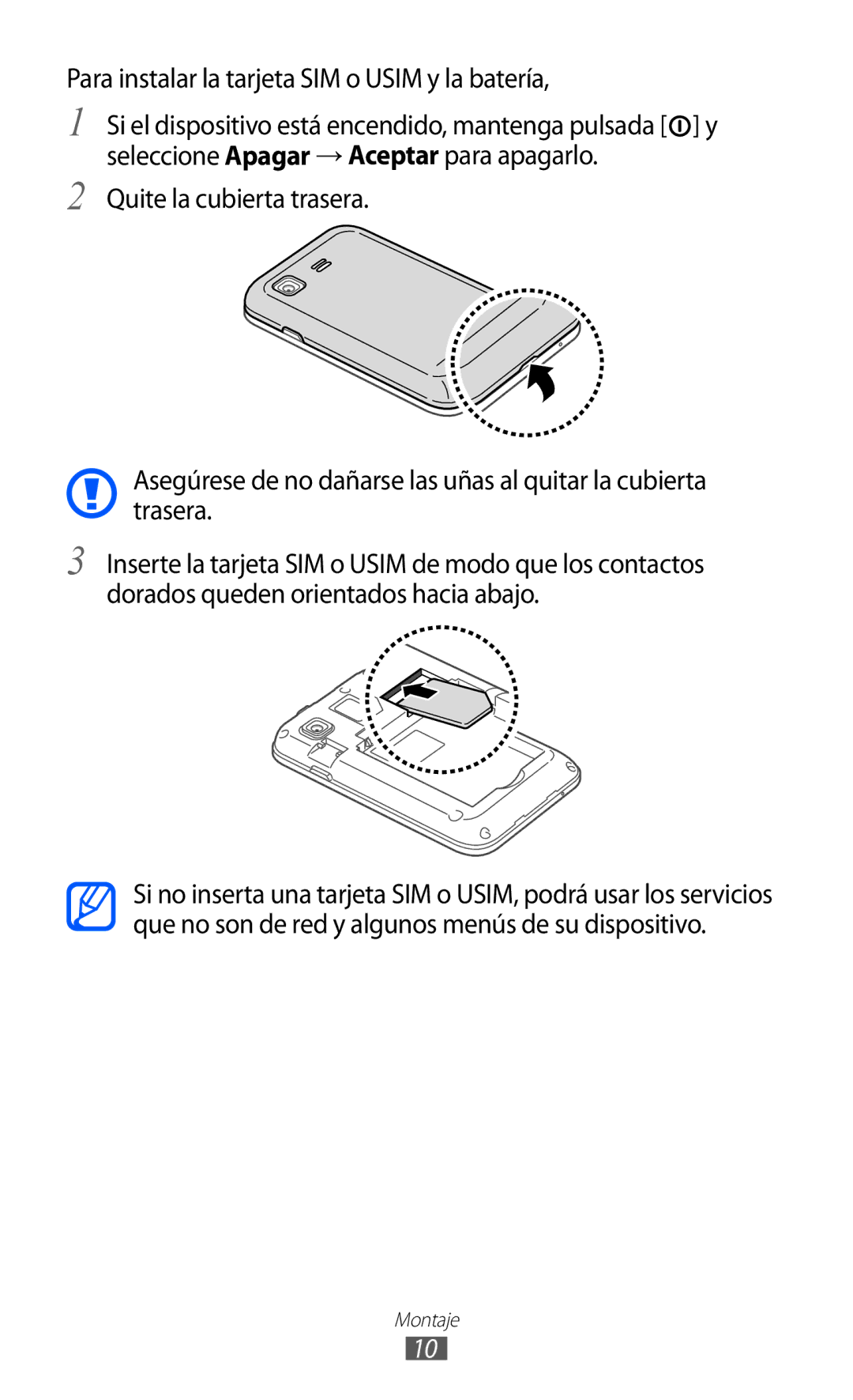 Samsung GT-B7510ISAATL, GT-B7510CWAFOP, GT-B7510ISAFOP, GT-B7510LKAFOP manual Para instalar la tarjeta SIM o Usim y la batería 