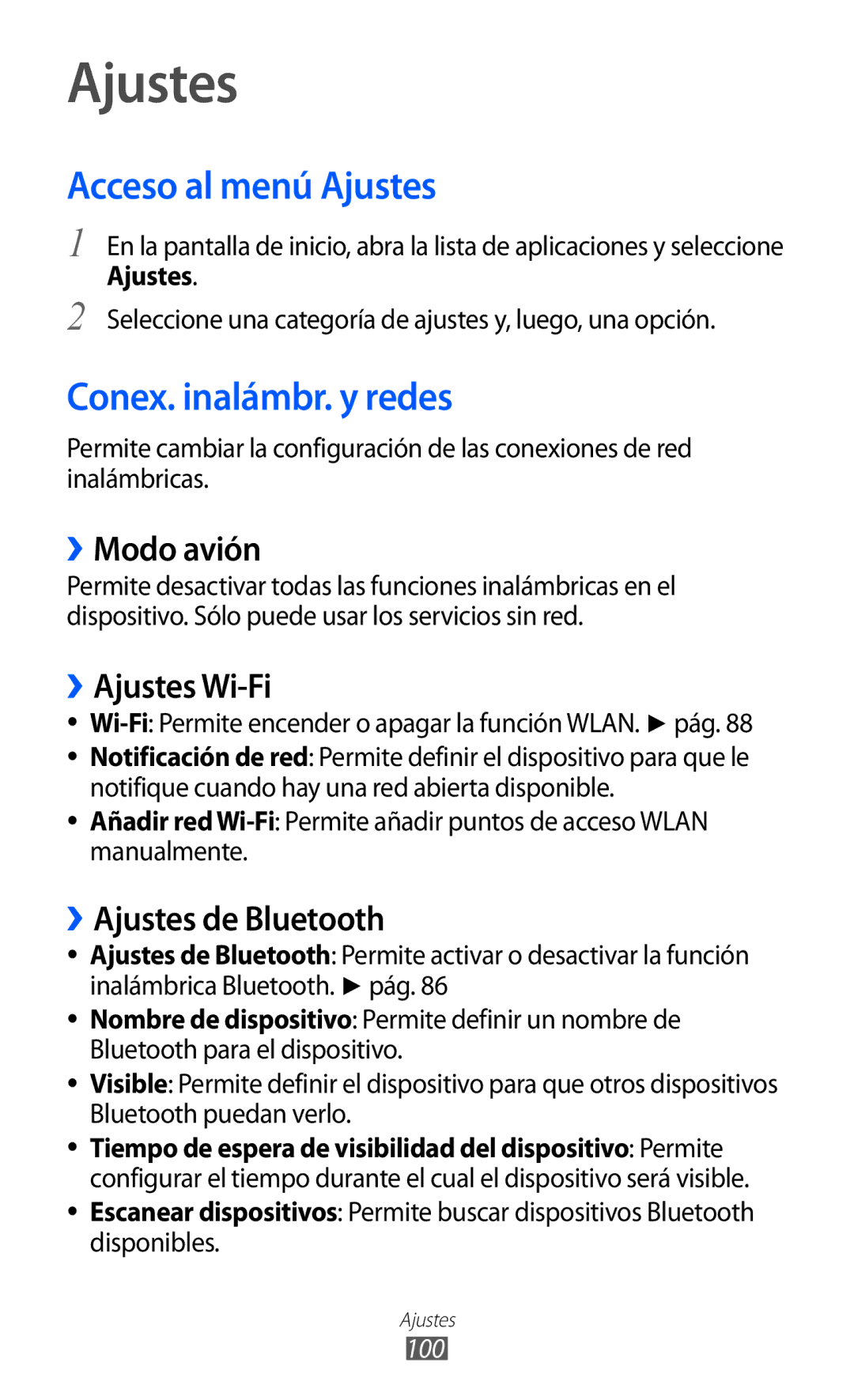 Samsung GT-B7510CWAFOP, GT-B7510ISAFOP, GT-B7510ISAATL, GT-B7510LKAFOP Acceso al menú Ajustes, Conex. inalámbr. y redes 