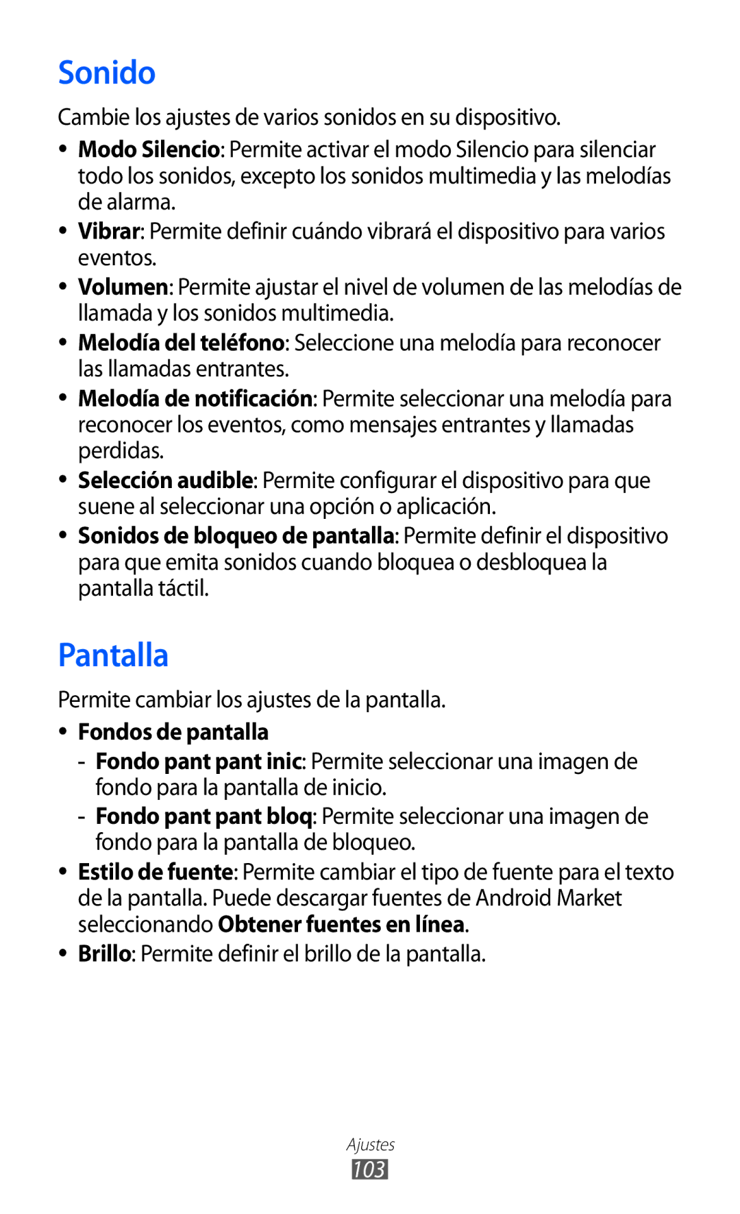 Samsung GT-B7510LKAFOP, GT-B7510CWAFOP, GT-B7510ISAFOP, GT-B7510ISAATL manual Sonido, Pantalla, Fondos de pantalla, 103 