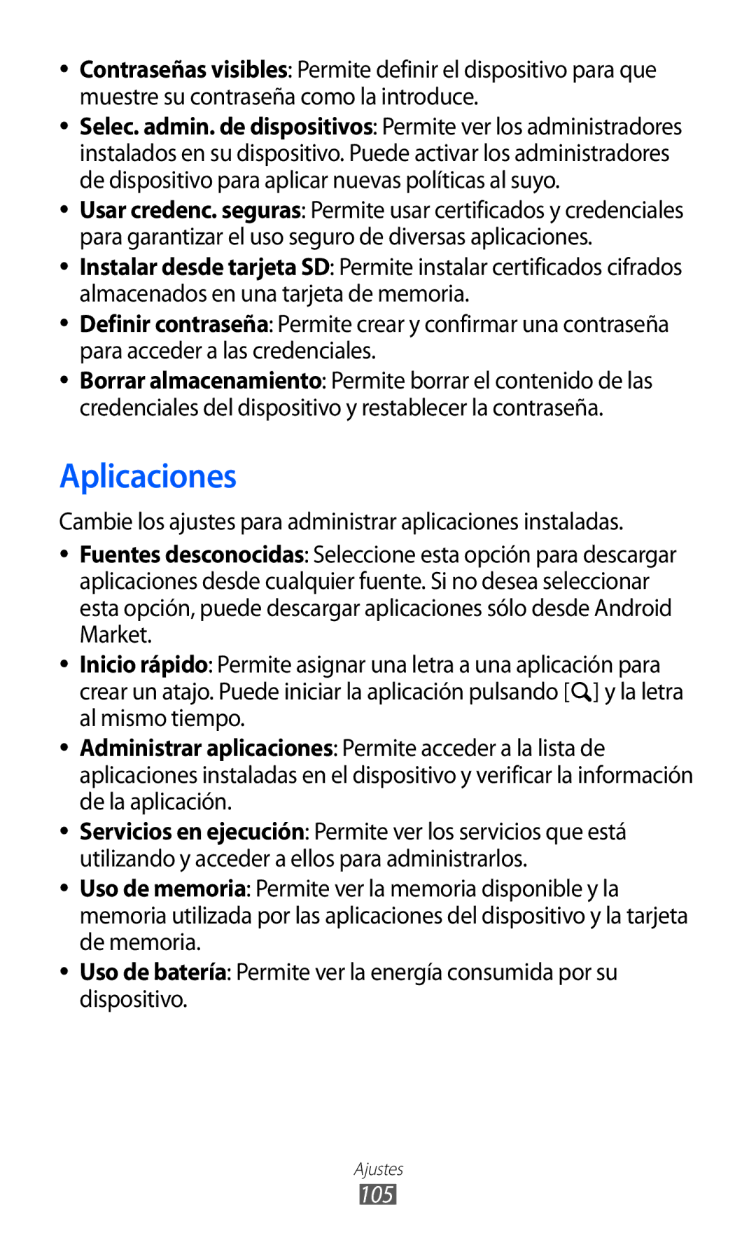 Samsung GT-B7510ISAFOP, GT-B7510CWAFOP, GT-B7510ISAATL, GT-B7510LKAFOP manual Aplicaciones, 105 