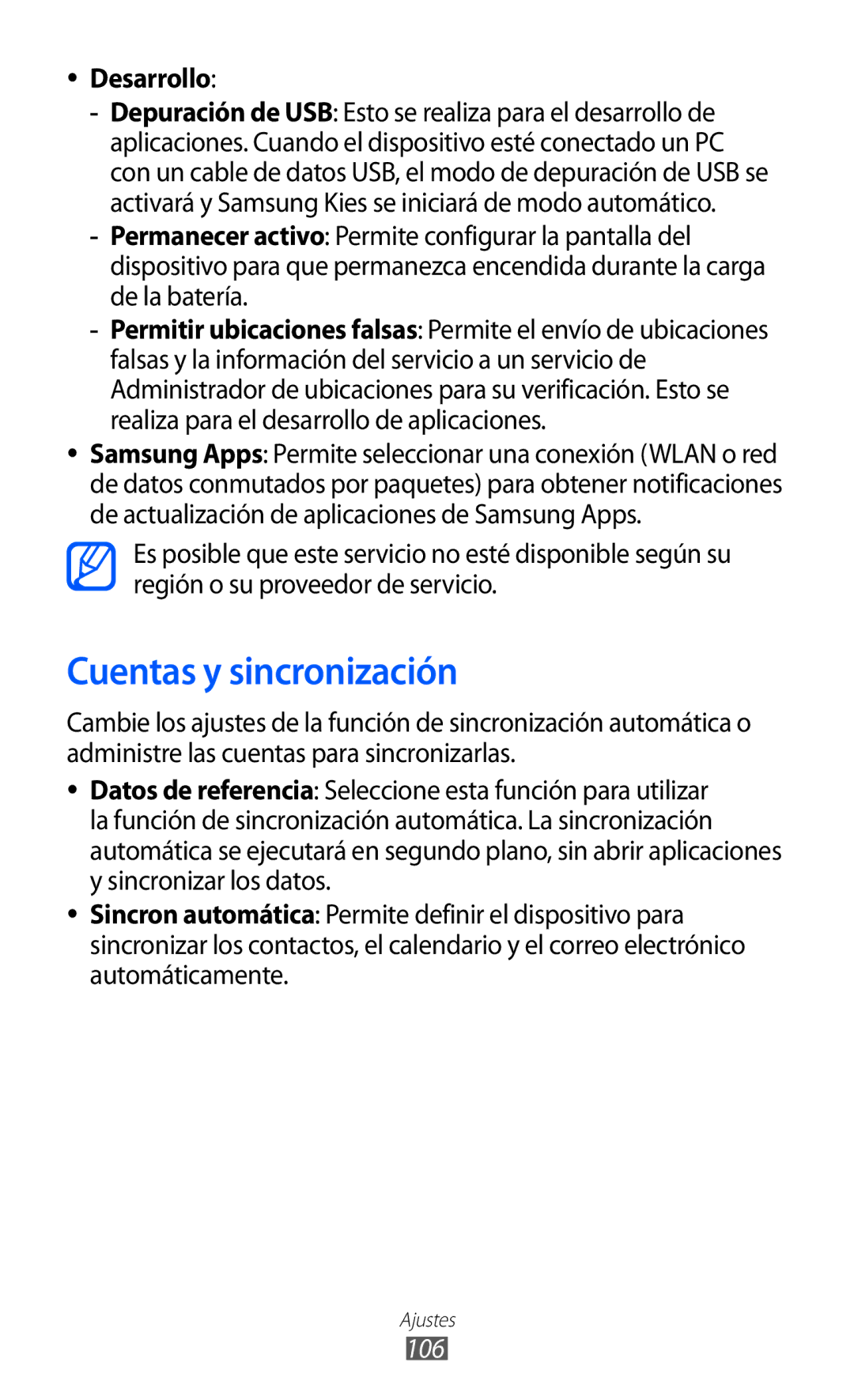 Samsung GT-B7510ISAATL, GT-B7510CWAFOP, GT-B7510ISAFOP, GT-B7510LKAFOP manual Cuentas y sincronización, Desarrollo, 106 