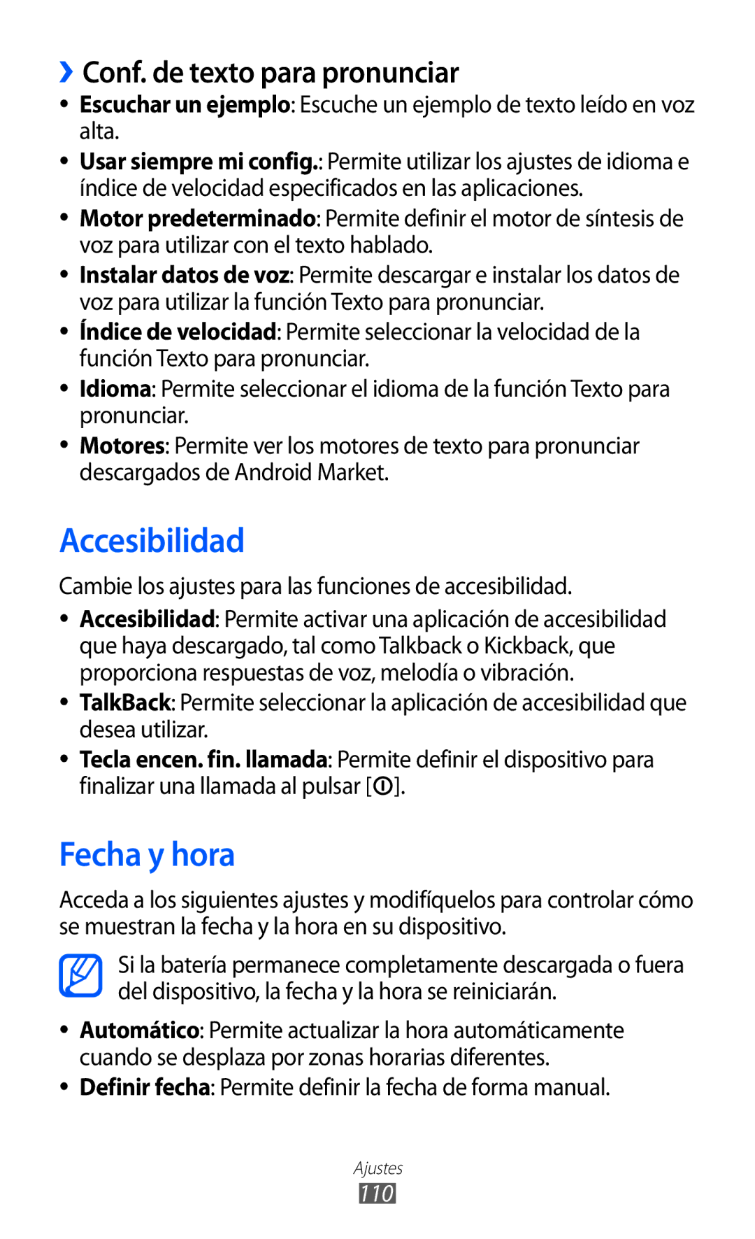 Samsung GT-B7510ISAATL, GT-B7510CWAFOP, GT-B7510ISAFOP Accesibilidad, Fecha y hora, ››Conf. de texto para pronunciar, 110 