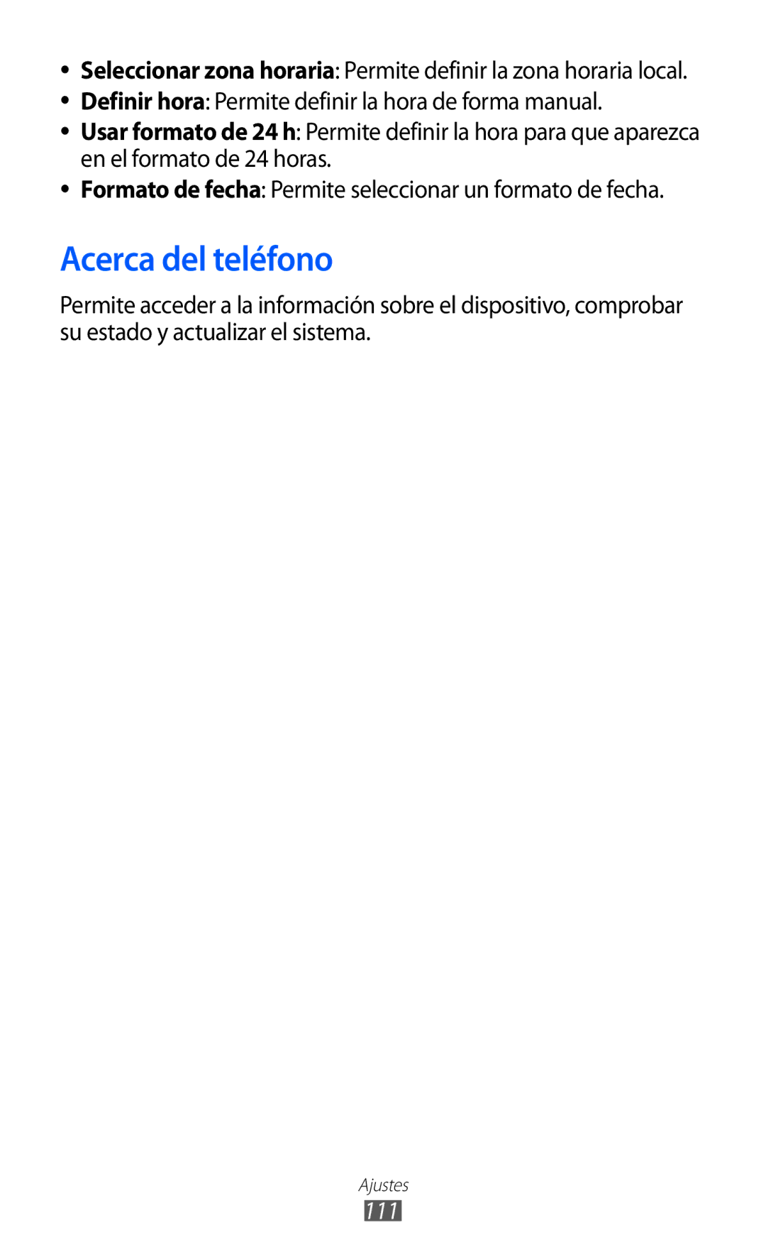 Samsung GT-B7510LKAFOP, GT-B7510CWAFOP, GT-B7510ISAFOP, GT-B7510ISAATL manual Acerca del teléfono, 111 