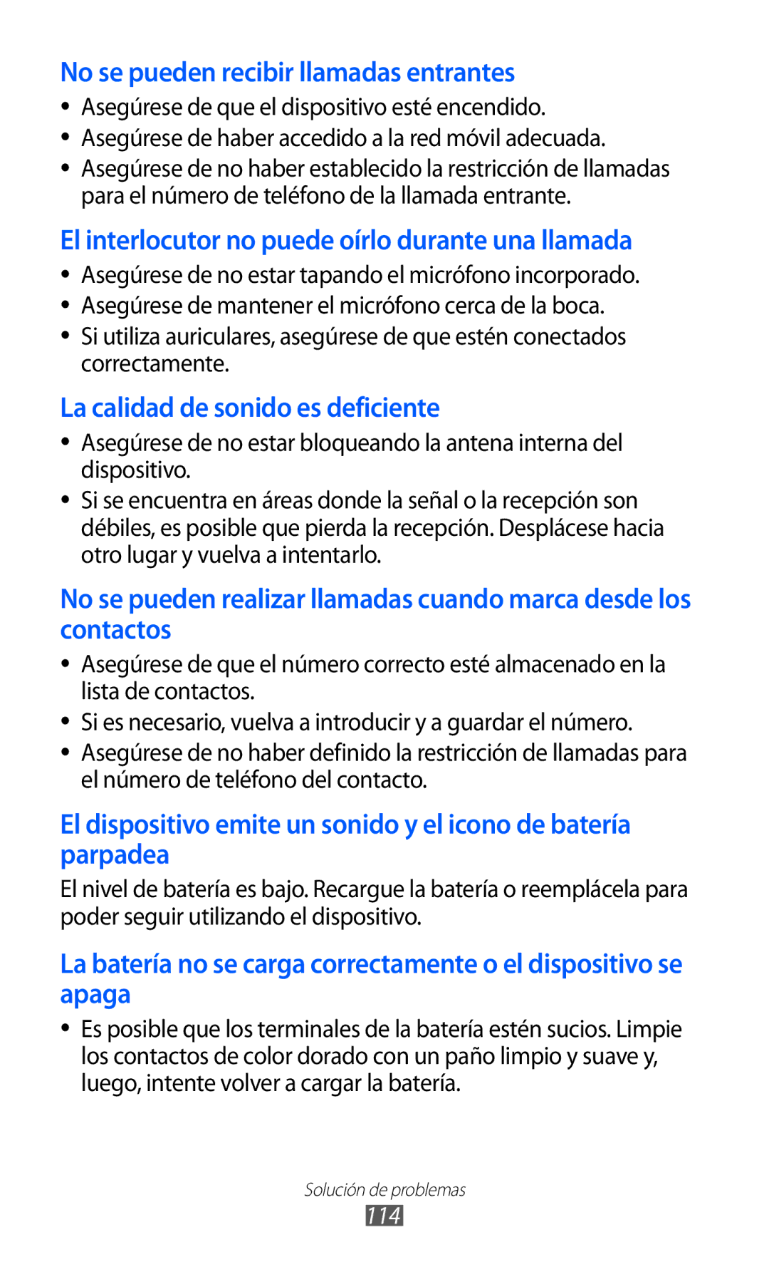 Samsung GT-B7510ISAATL, GT-B7510CWAFOP, GT-B7510ISAFOP, GT-B7510LKAFOP manual No se pueden recibir llamadas entrantes, 114 