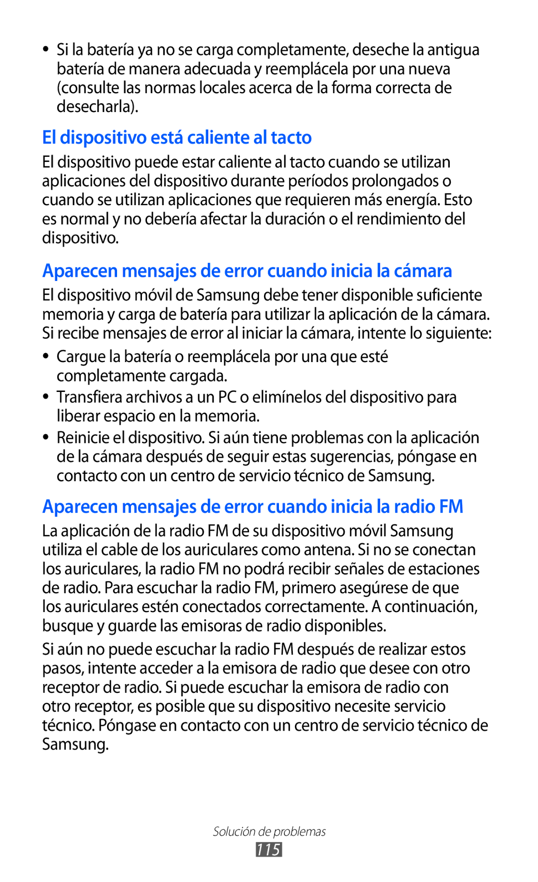 Samsung GT-B7510LKAFOP, GT-B7510CWAFOP, GT-B7510ISAFOP, GT-B7510ISAATL manual El dispositivo está caliente al tacto, 115 