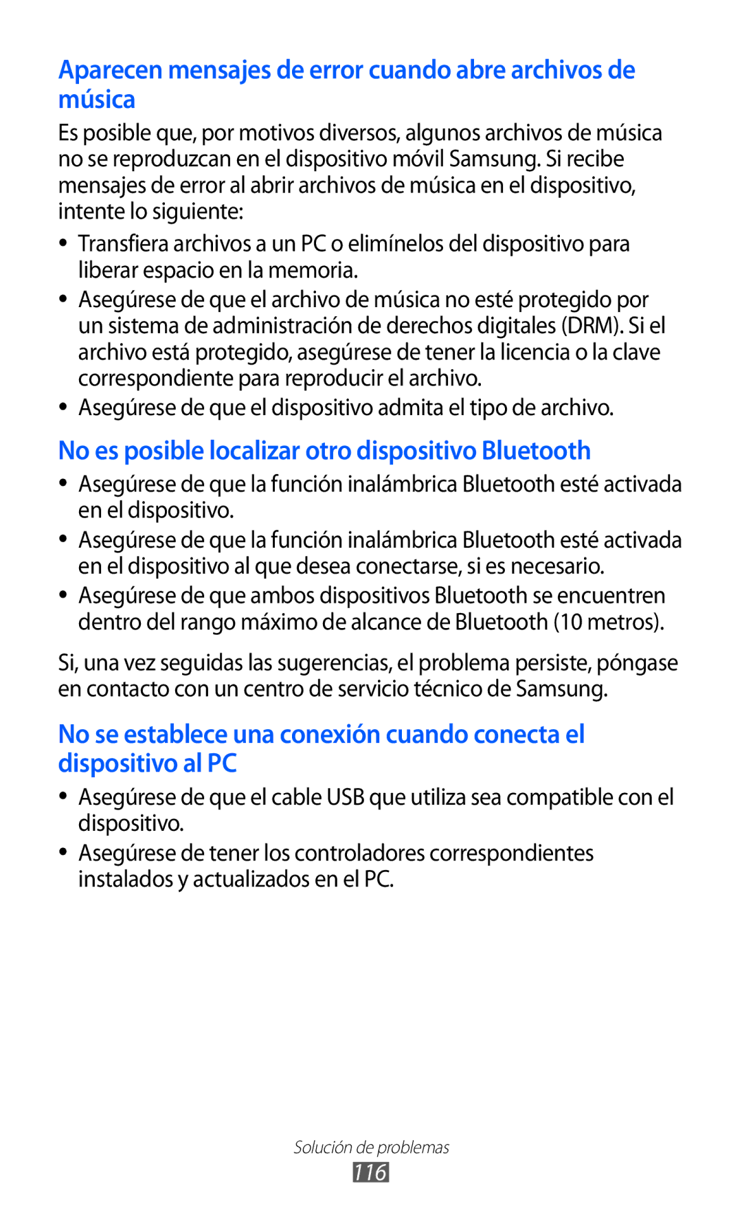 Samsung GT-B7510CWAFOP, GT-B7510ISAFOP, GT-B7510ISAATL manual Asegúrese de que el dispositivo admita el tipo de archivo, 116 