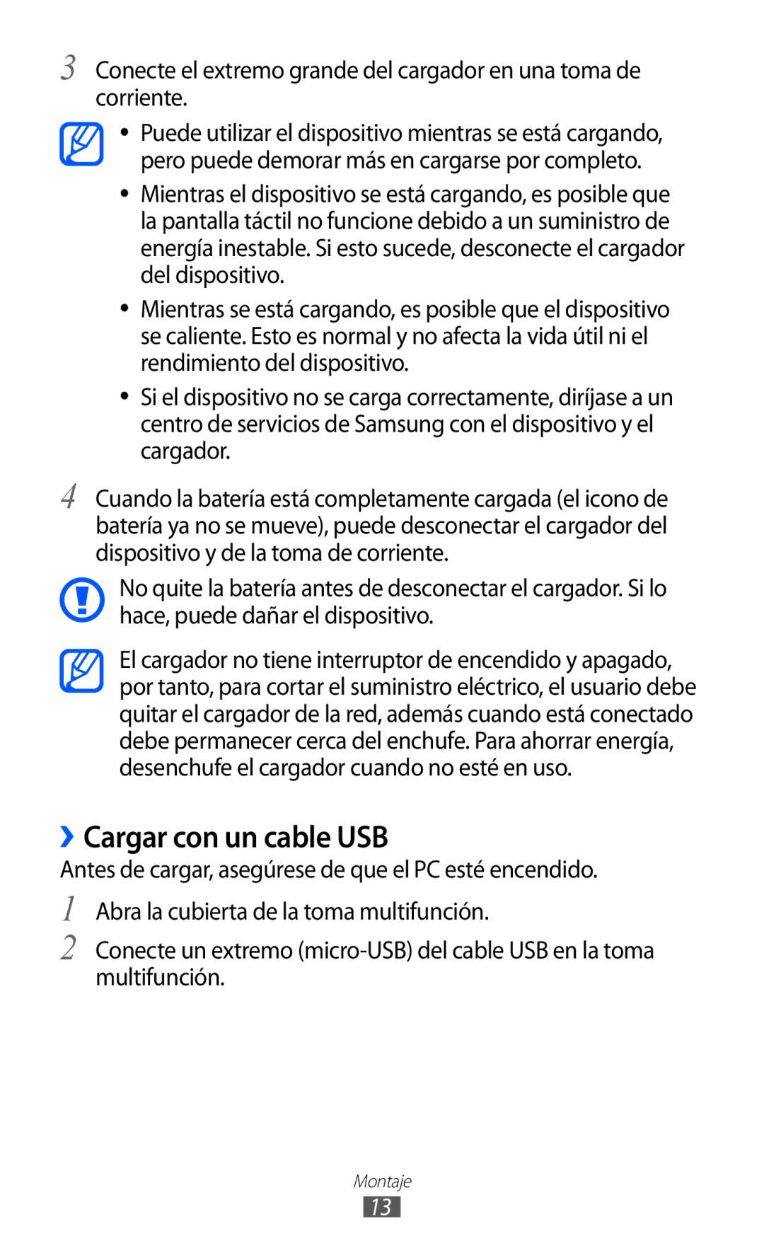 Samsung GT-B7510ISAFOP, GT-B7510CWAFOP, GT-B7510ISAATL, GT-B7510LKAFOP manual ››Cargar con un cable USB 